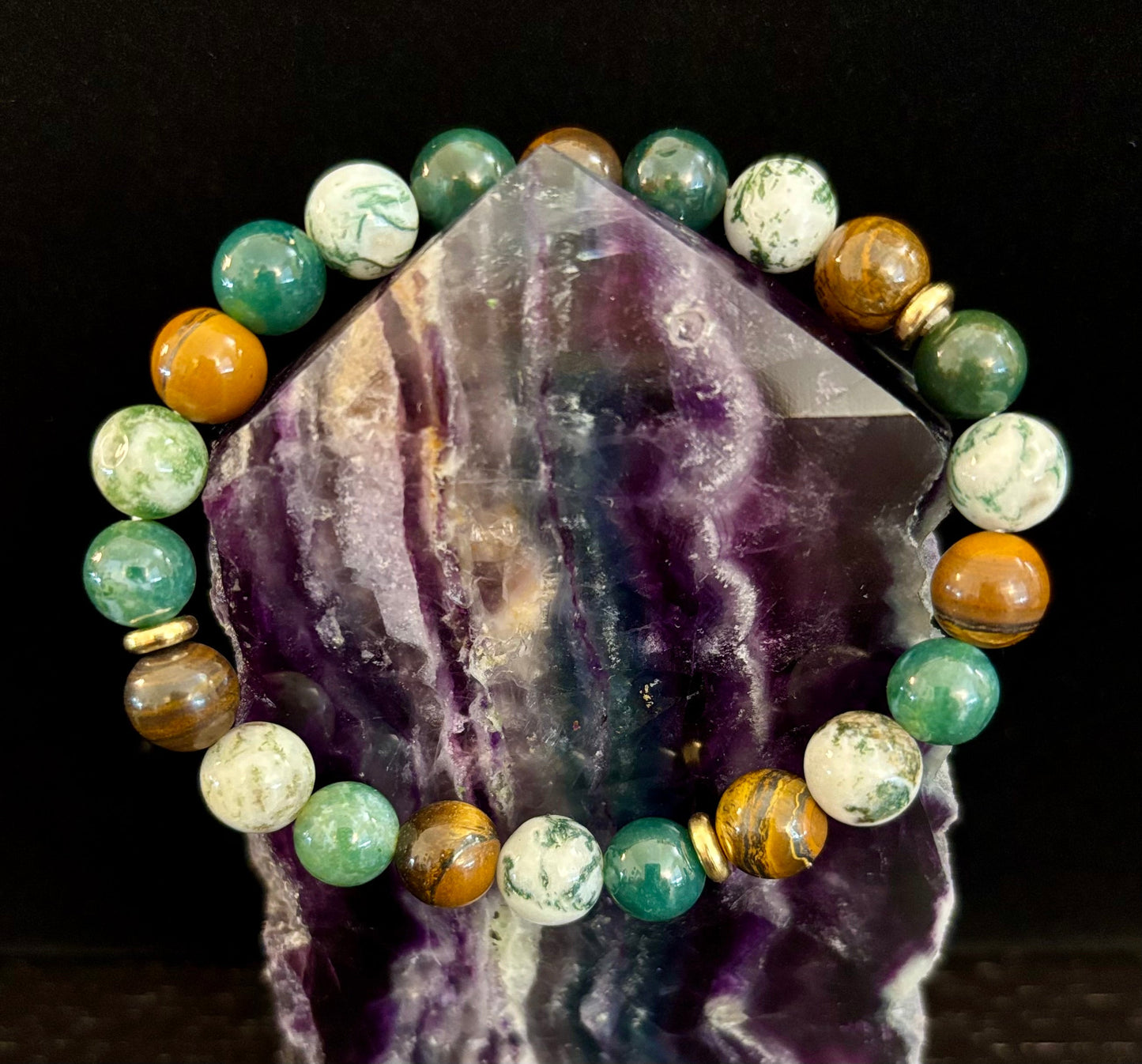 Moss Agate & Tiger Eye Gemstone Bracelet – 8mm Beads for Strength, Healing & Protection