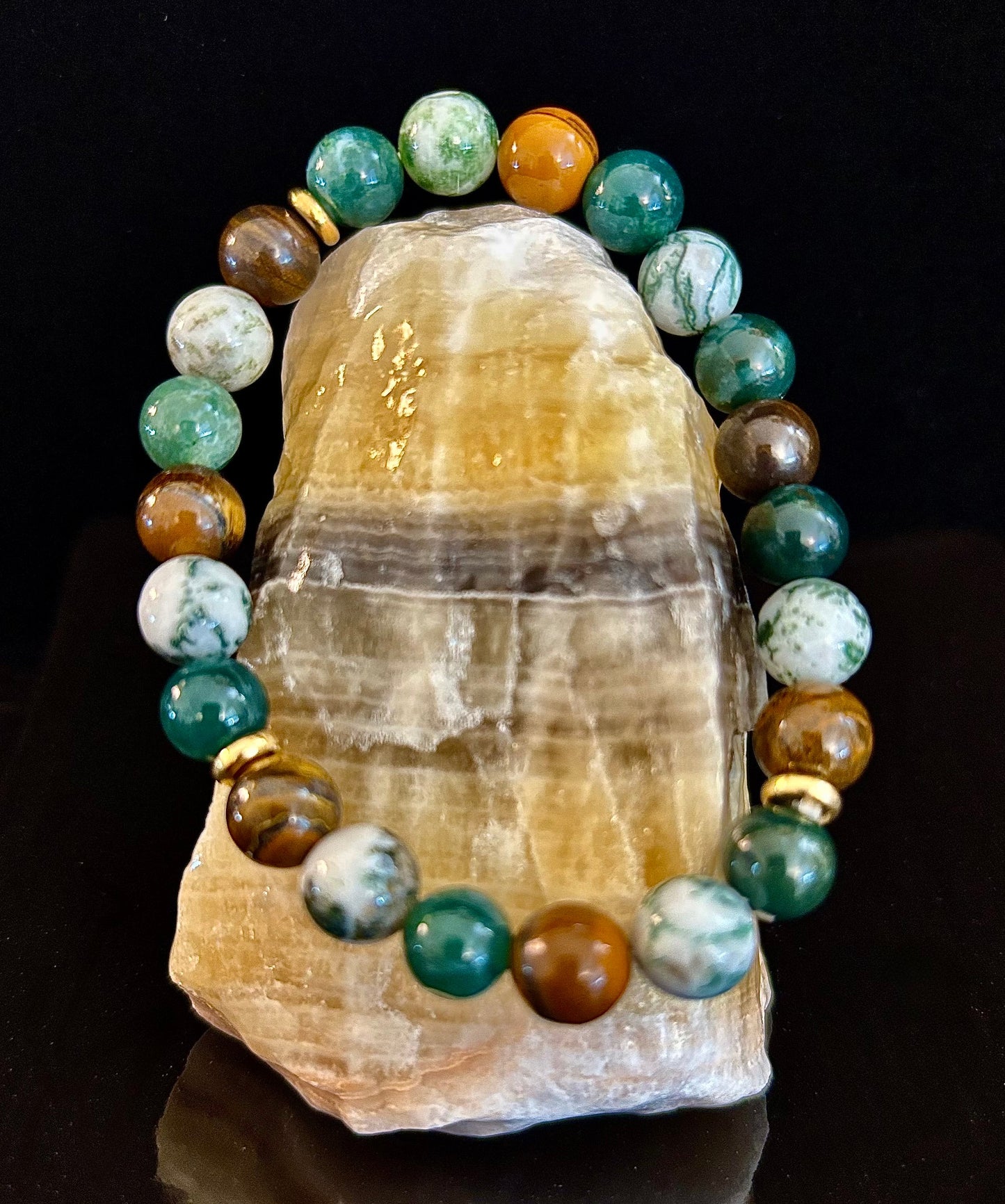 Moss Agate & Tiger Eye Gemstone Bracelet – 8mm Beads for Strength, Healing & Protection