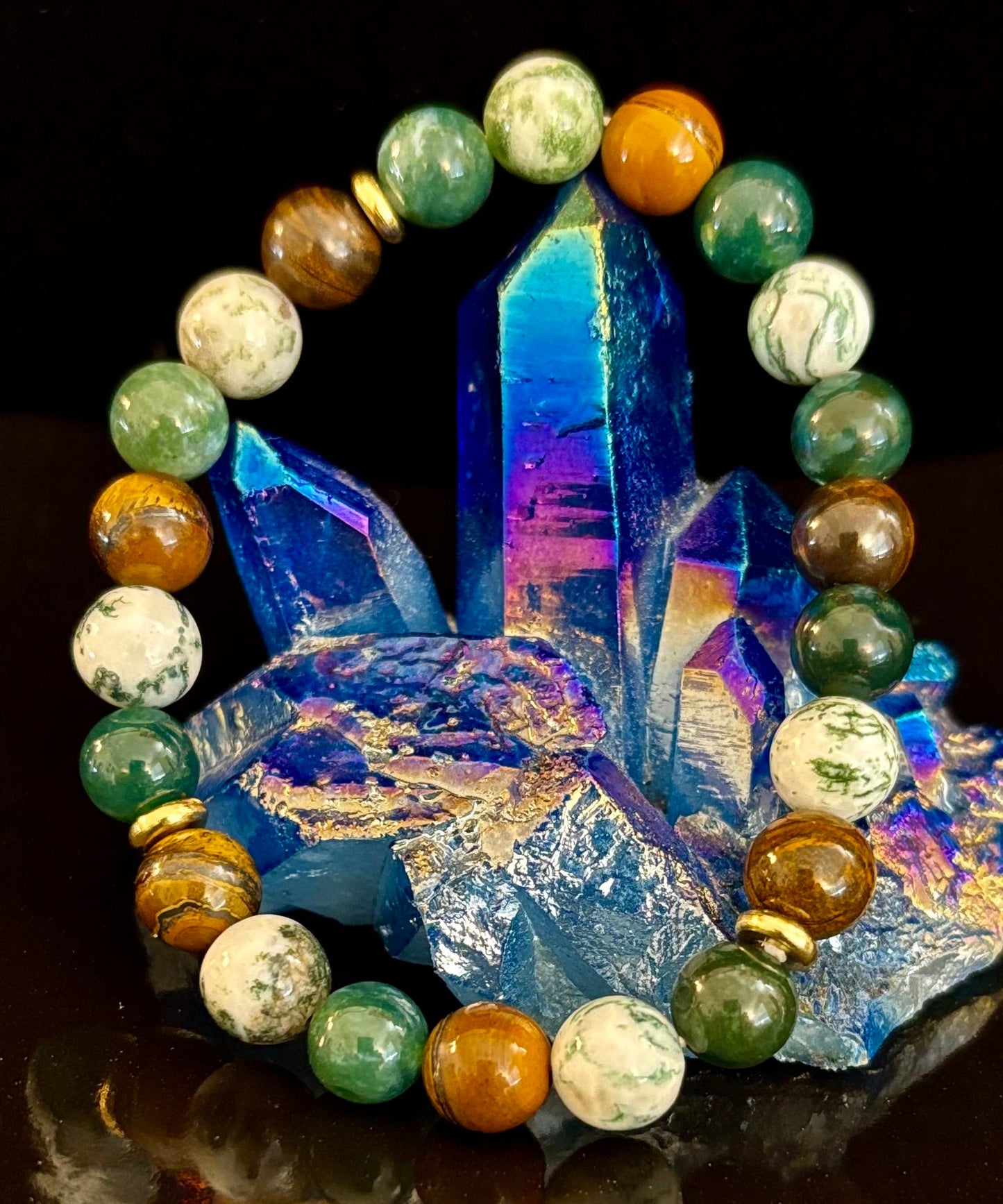 Moss Agate & Tiger Eye Gemstone Bracelet – 8mm Beads for Strength, Healing & Protection
