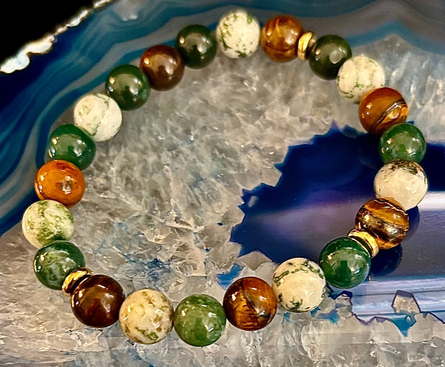 Moss Agate & Tiger Eye Gemstone Bracelet – 8mm Beads for Strength, Healing & Protection