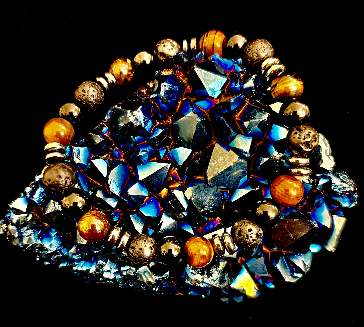 Energy Bracelet – Tiger Eye, Black Onyx & Lava Rock with Black Metal Spacers (Fits Large Wrists)