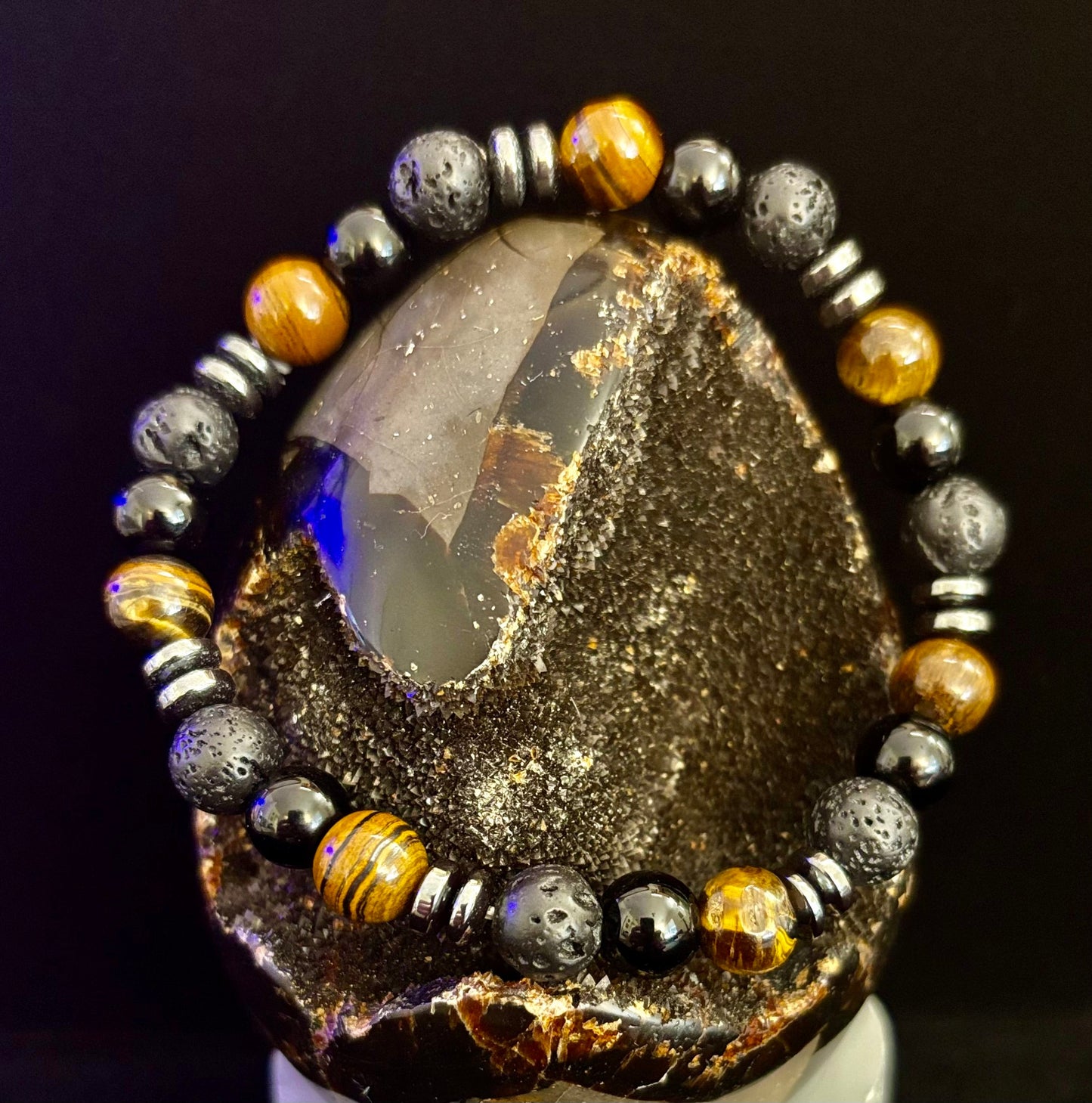 Energy Bracelet – Tiger Eye, Black Onyx & Lava Rock with Black Metal Spacers (Fits Large Wrists)