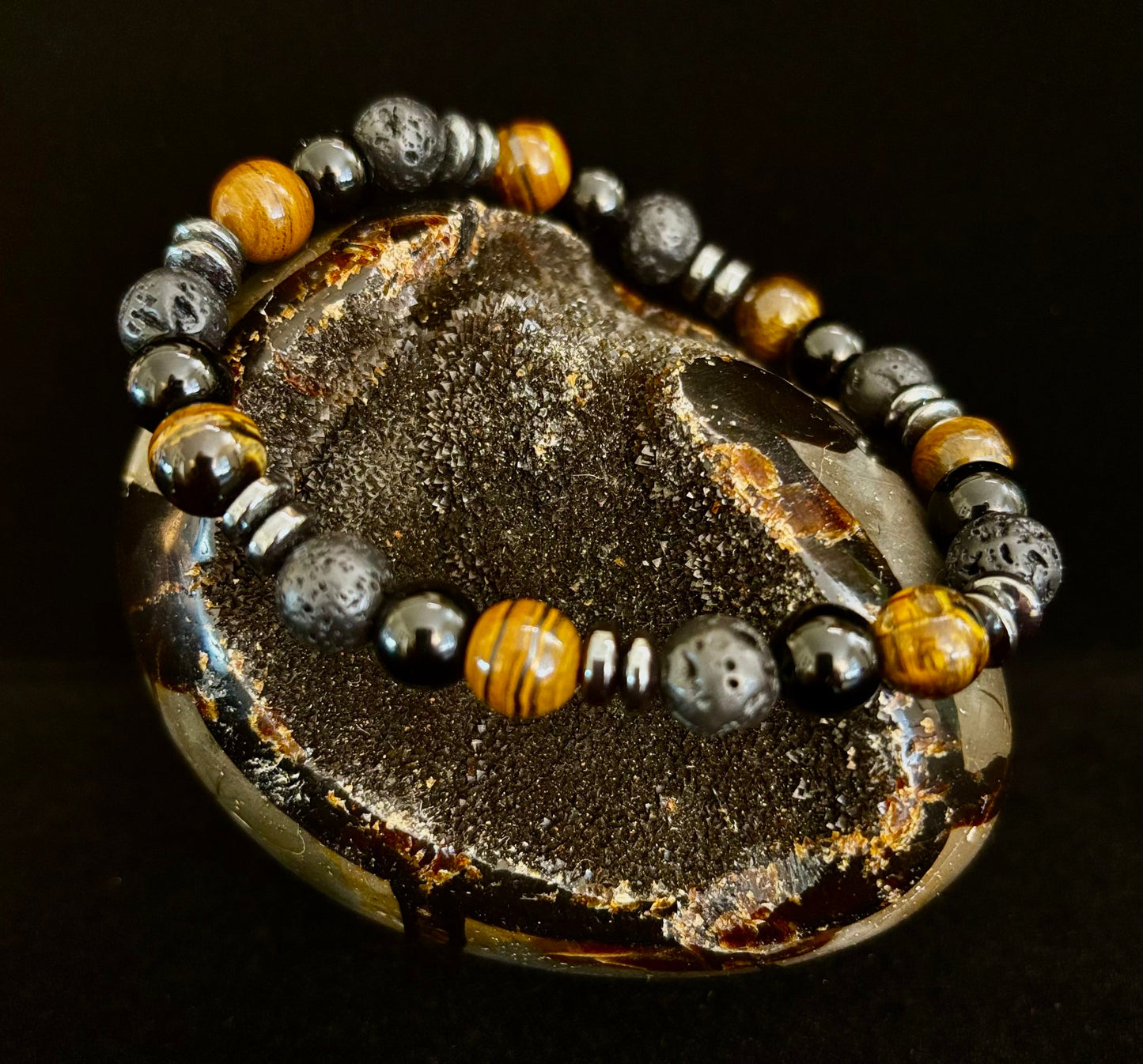 Energy Bracelet – Tiger Eye, Black Onyx & Lava Rock with Black Metal Spacers (Fits Large Wrists)