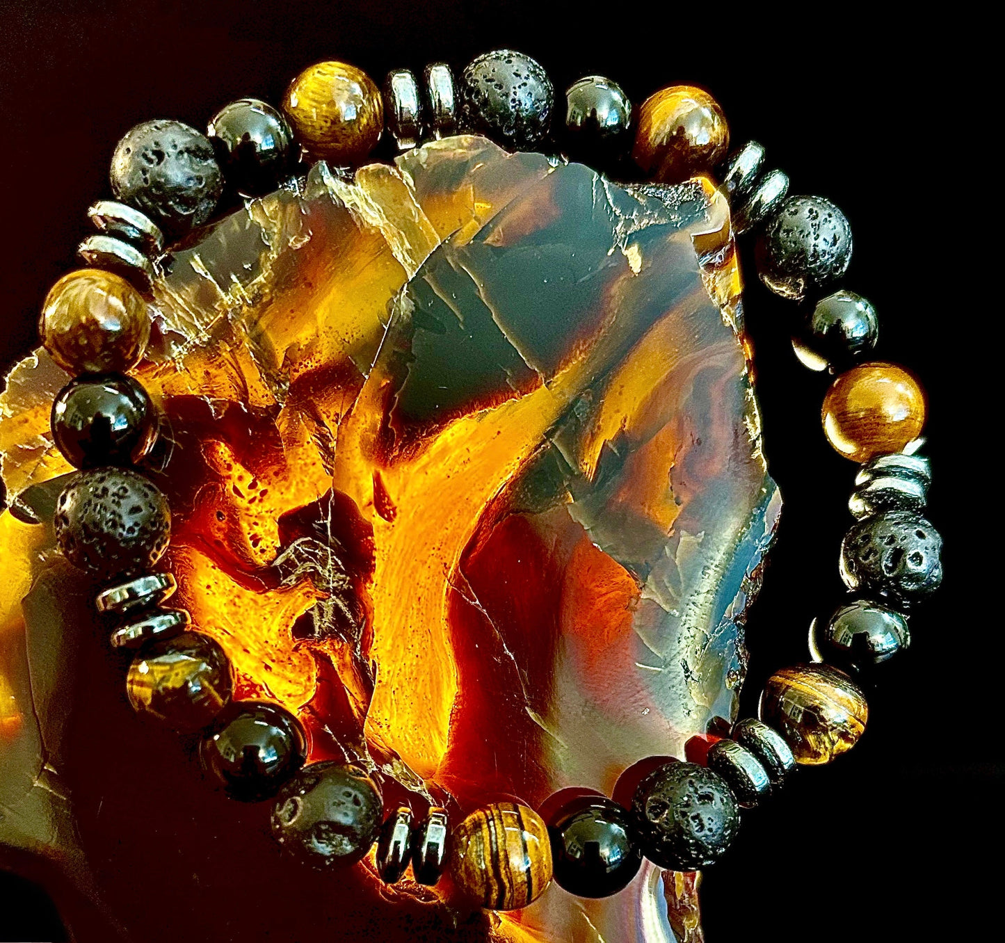 Energy Bracelet – Tiger Eye, Black Onyx & Lava Rock with Black Metal Spacers (Fits Large Wrists)
