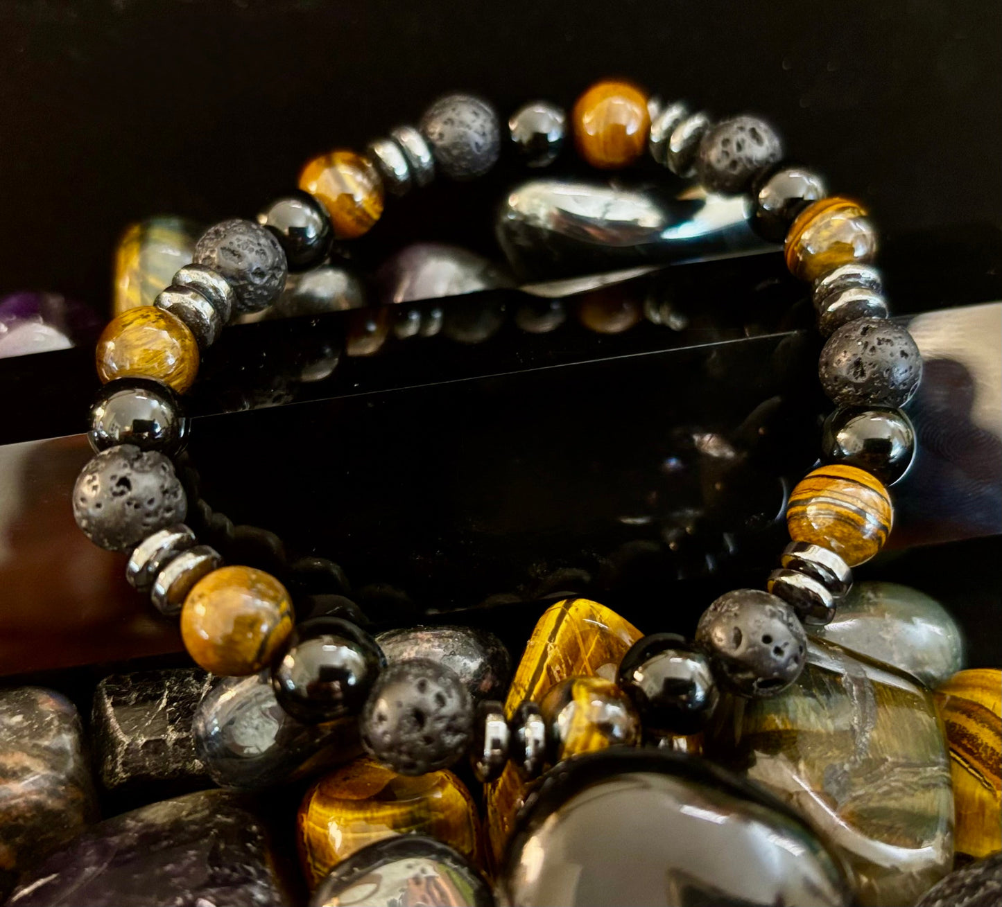 Energy Bracelet – Tiger Eye, Black Onyx & Lava Rock with Black Metal Spacers (Fits Large Wrists)