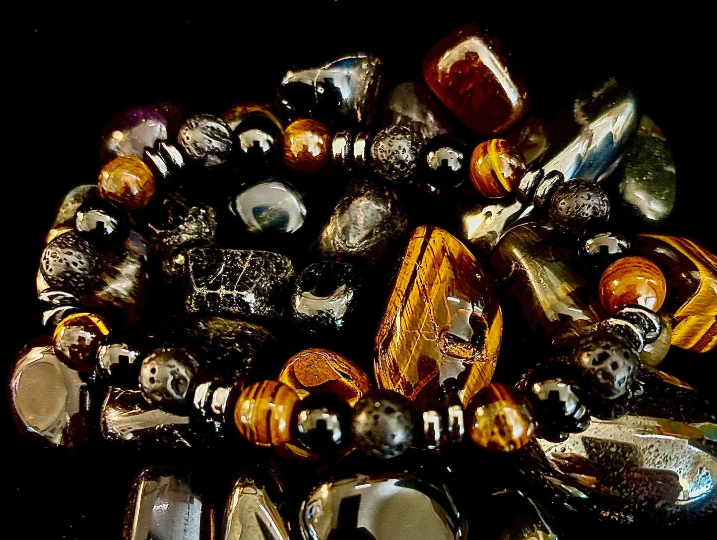 Energy Bracelet – Tiger Eye, Black Onyx & Lava Rock with Black Metal Spacers (Fits Large Wrists)