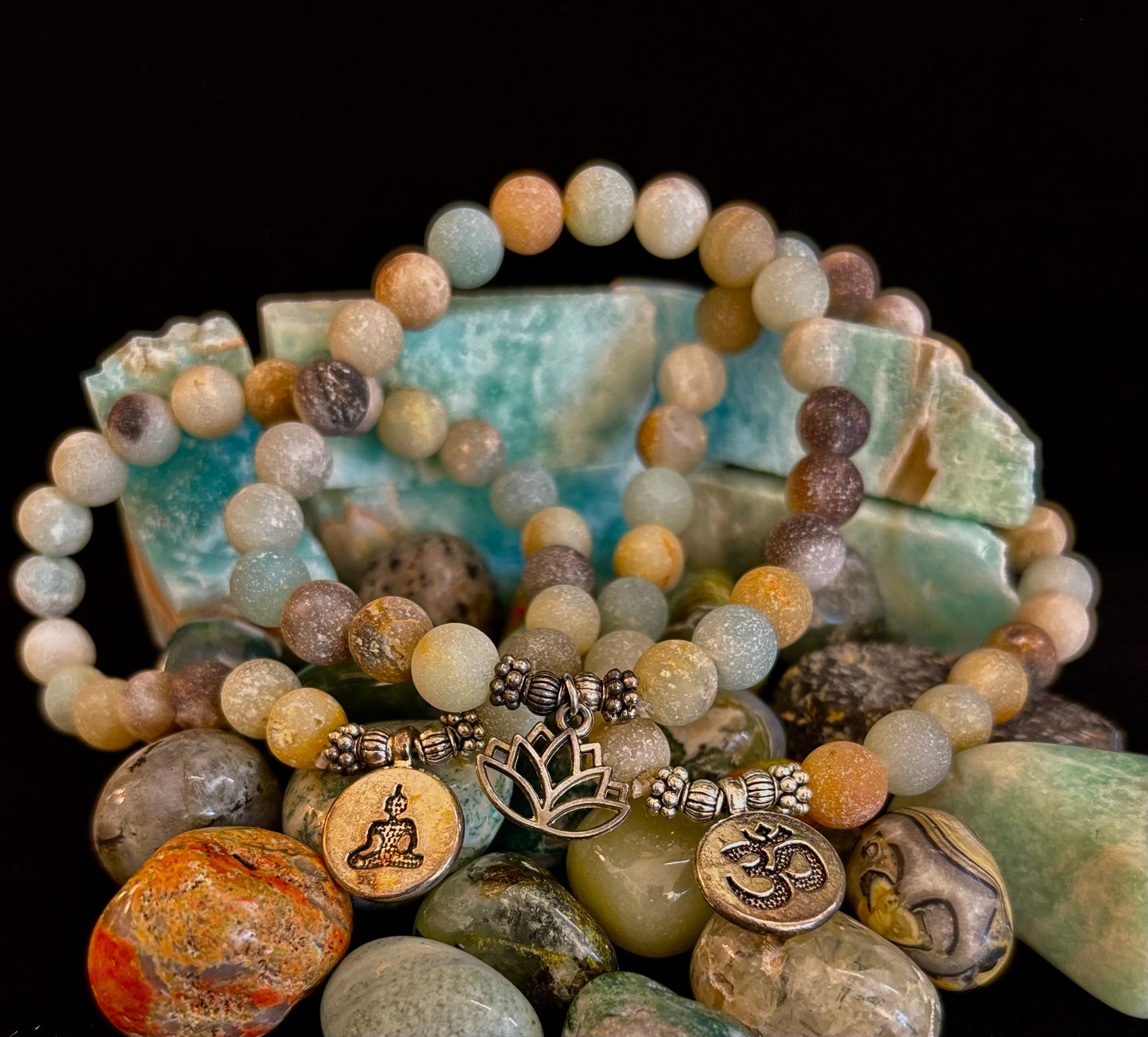 Amazonite Healing Chakra Bracelet – 3 Charm Choices: Lotus, Buddha, or Om