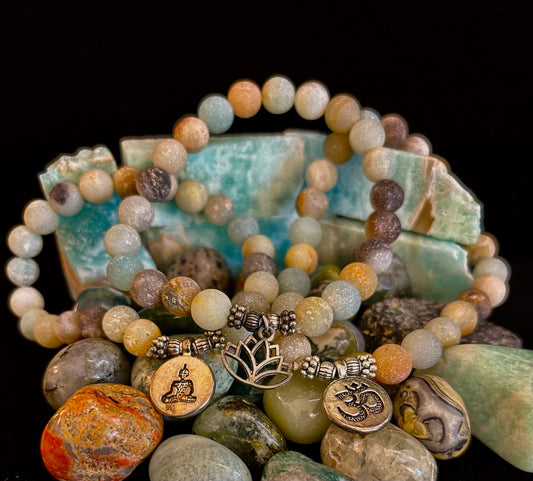 Amazonite Healing Chakra Bracelet – 3 Charm Choices: Lotus, Buddha, or Om