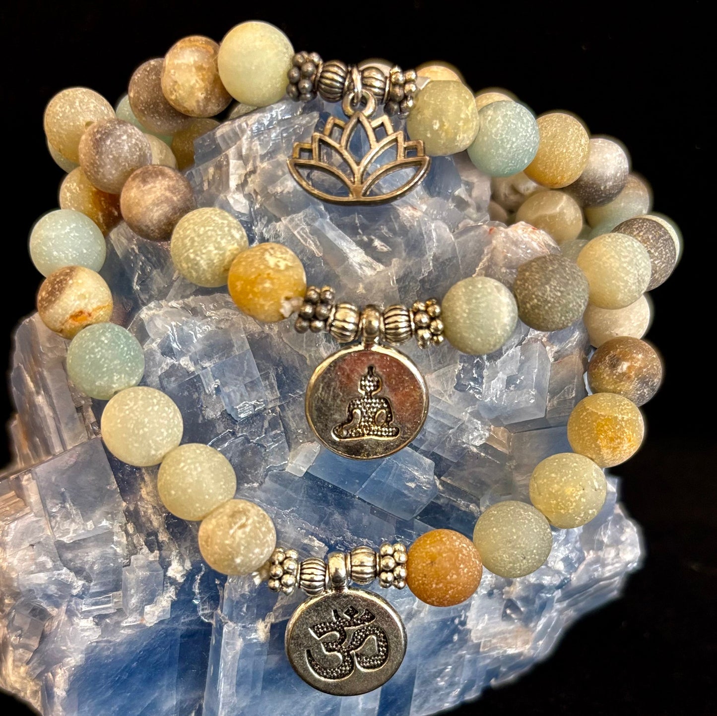 Amazonite Healing Chakra Bracelet – 3 Charm Choices: Lotus, Buddha, or Om