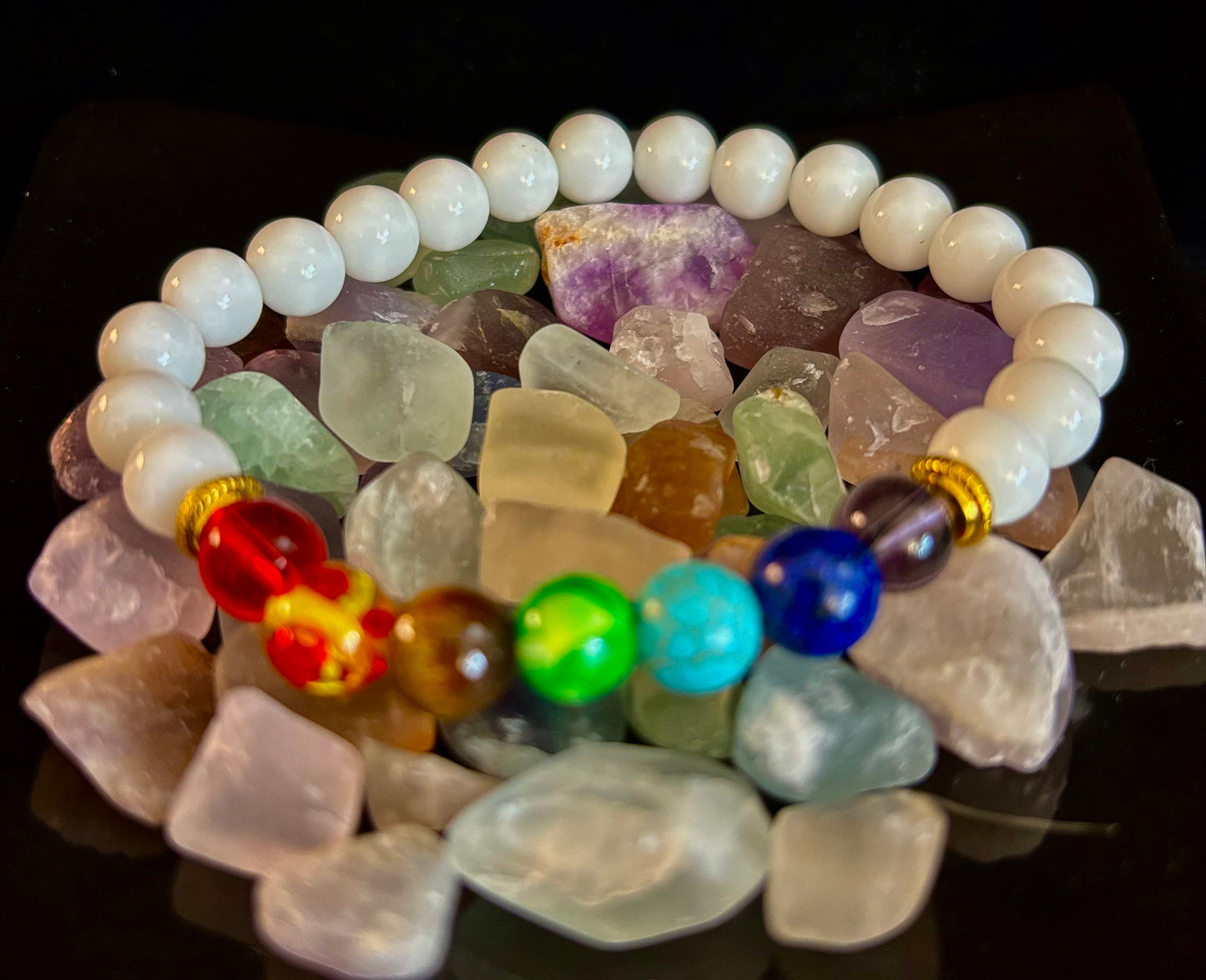 Chakra Energy Healing Bracelet – White Crystal Beads – Small to Medium Wrists