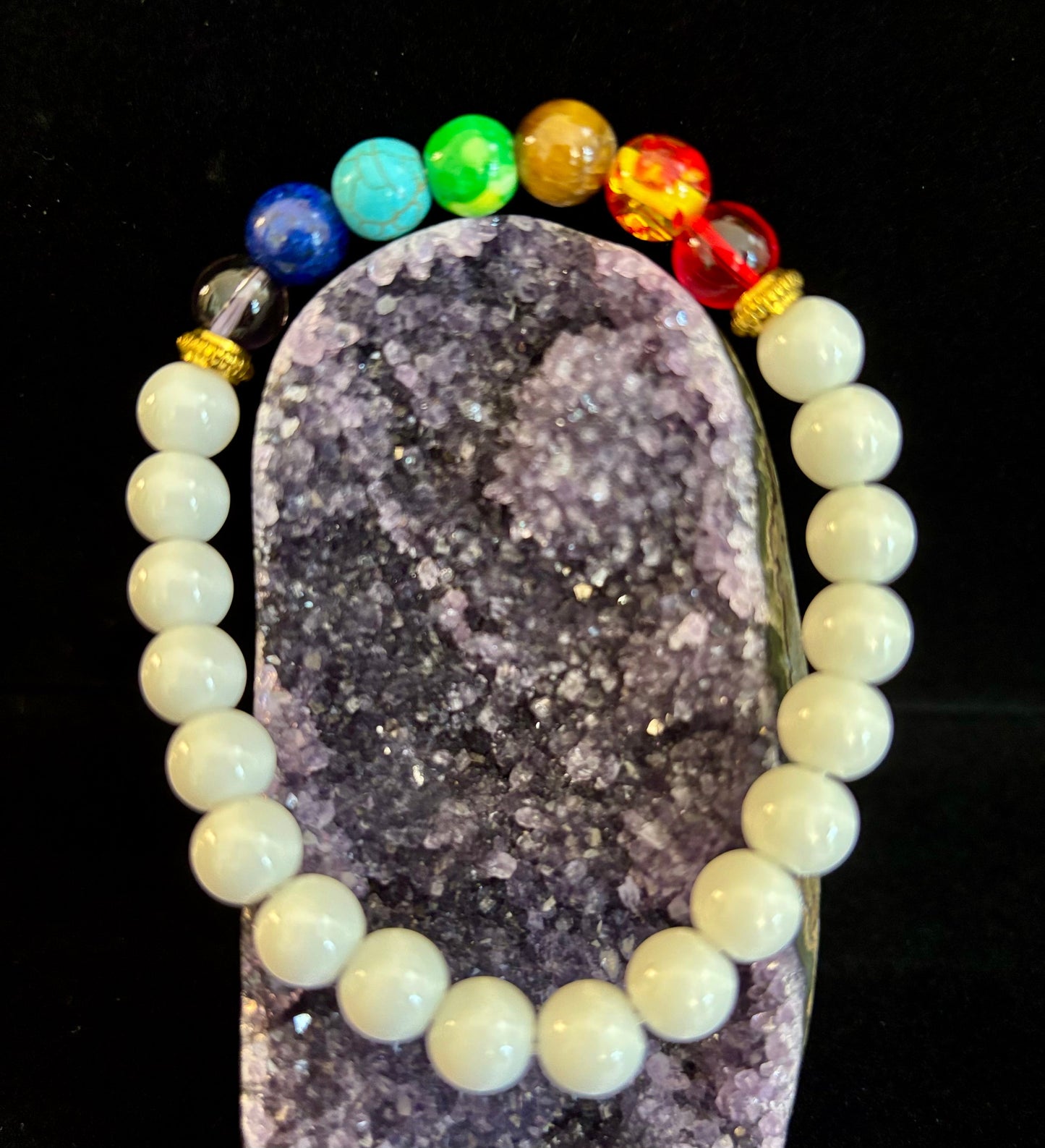 Chakra Energy Healing Bracelet – White Crystal Beads – Small to Medium Wrists