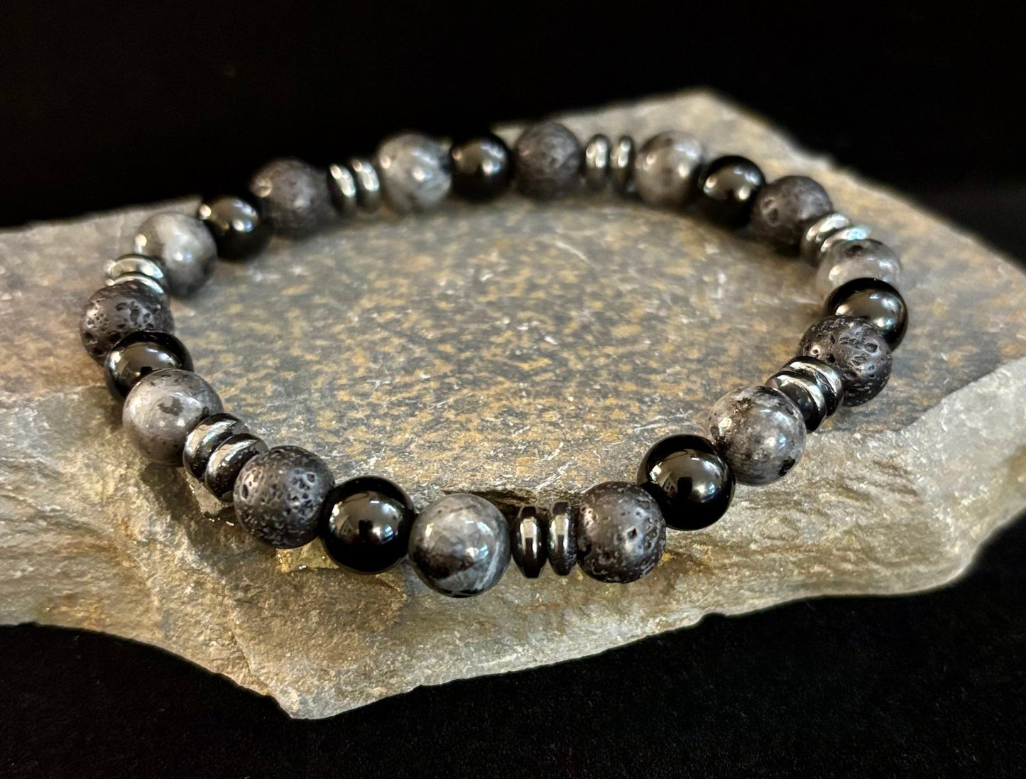 Mystic Warrior Bracelet – Labradorite, Black Onyx & Lava Rock with Black Metal Spacers (Fits Large Wrists)