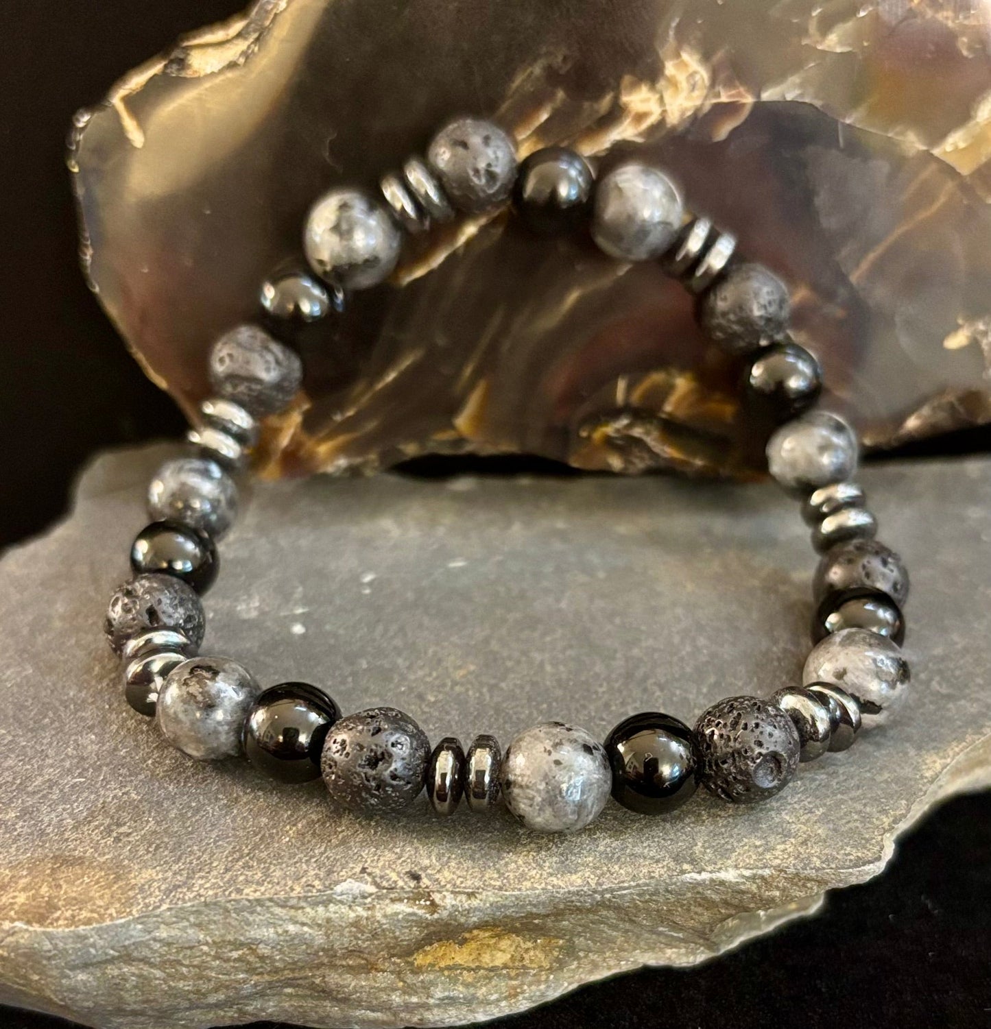 Mystic Warrior Bracelet – Labradorite, Black Onyx & Lava Rock with Black Metal Spacers (Fits Large Wrists)