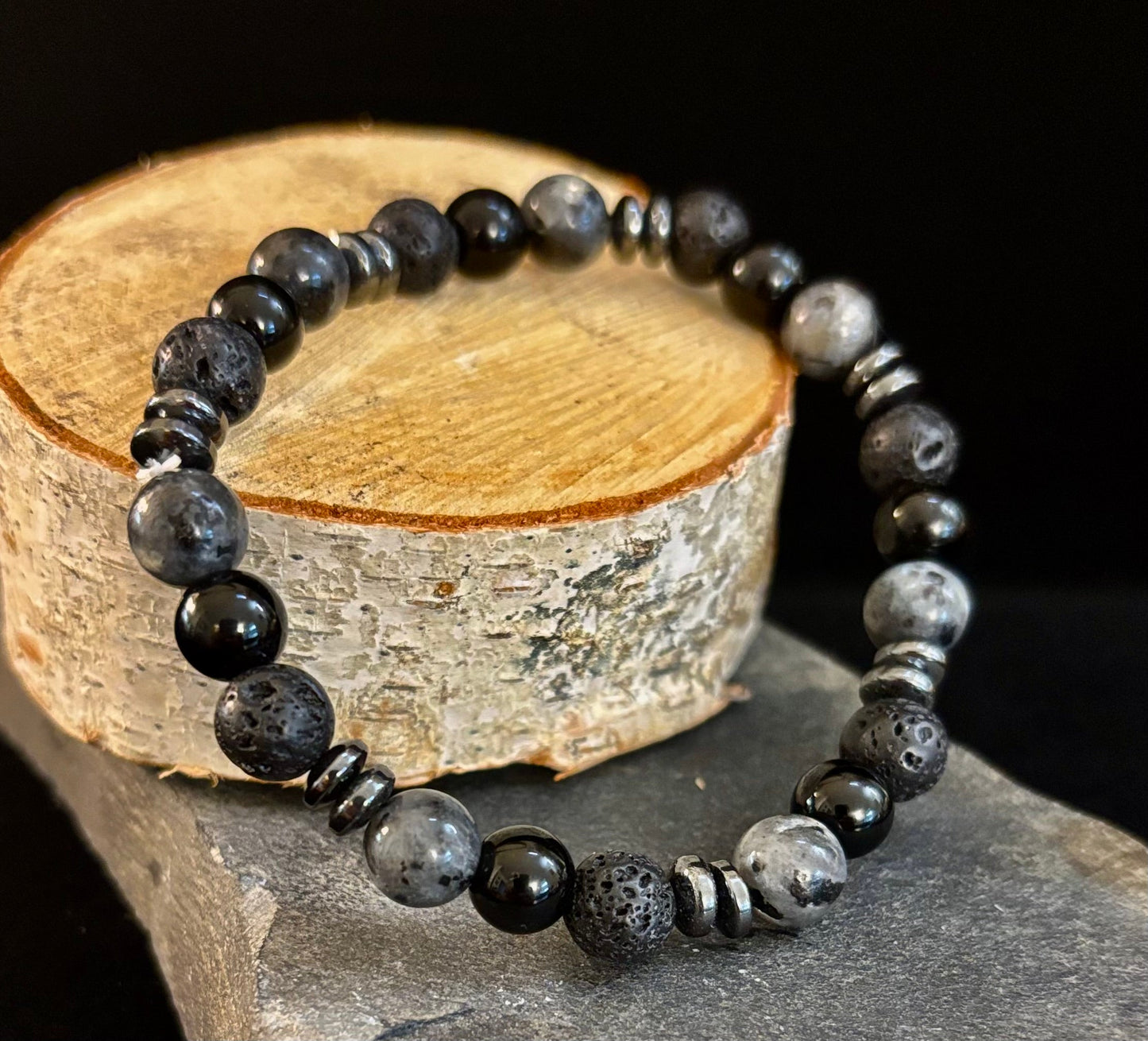 Mystic Warrior Bracelet – Labradorite, Black Onyx & Lava Rock with Black Metal Spacers (Fits Large Wrists)