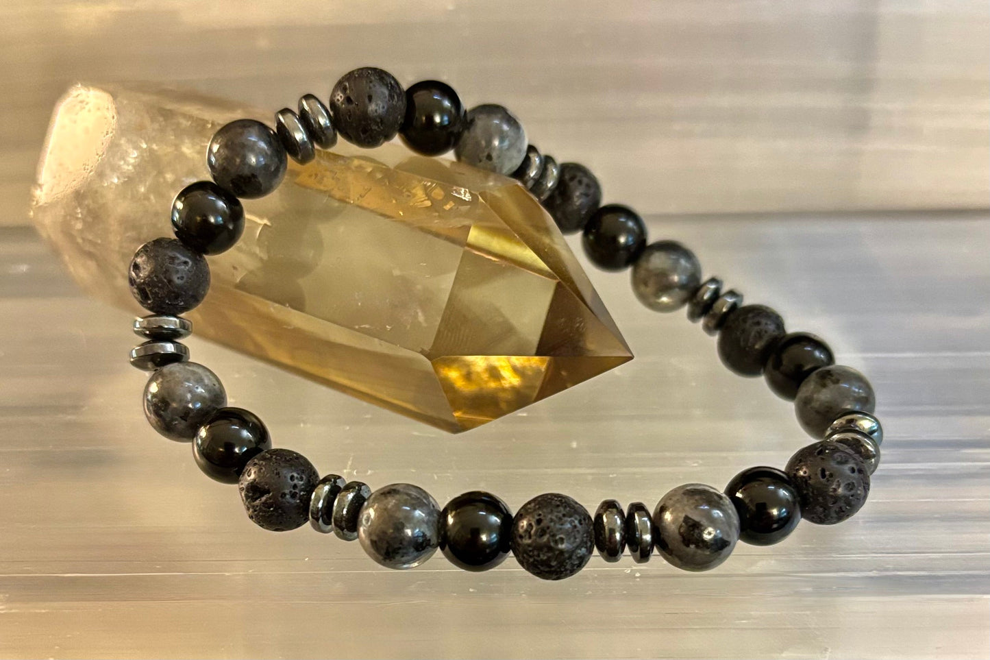 Mystic Warrior Bracelet – Labradorite, Black Onyx & Lava Rock with Black Metal Spacers (Fits Large Wrists)