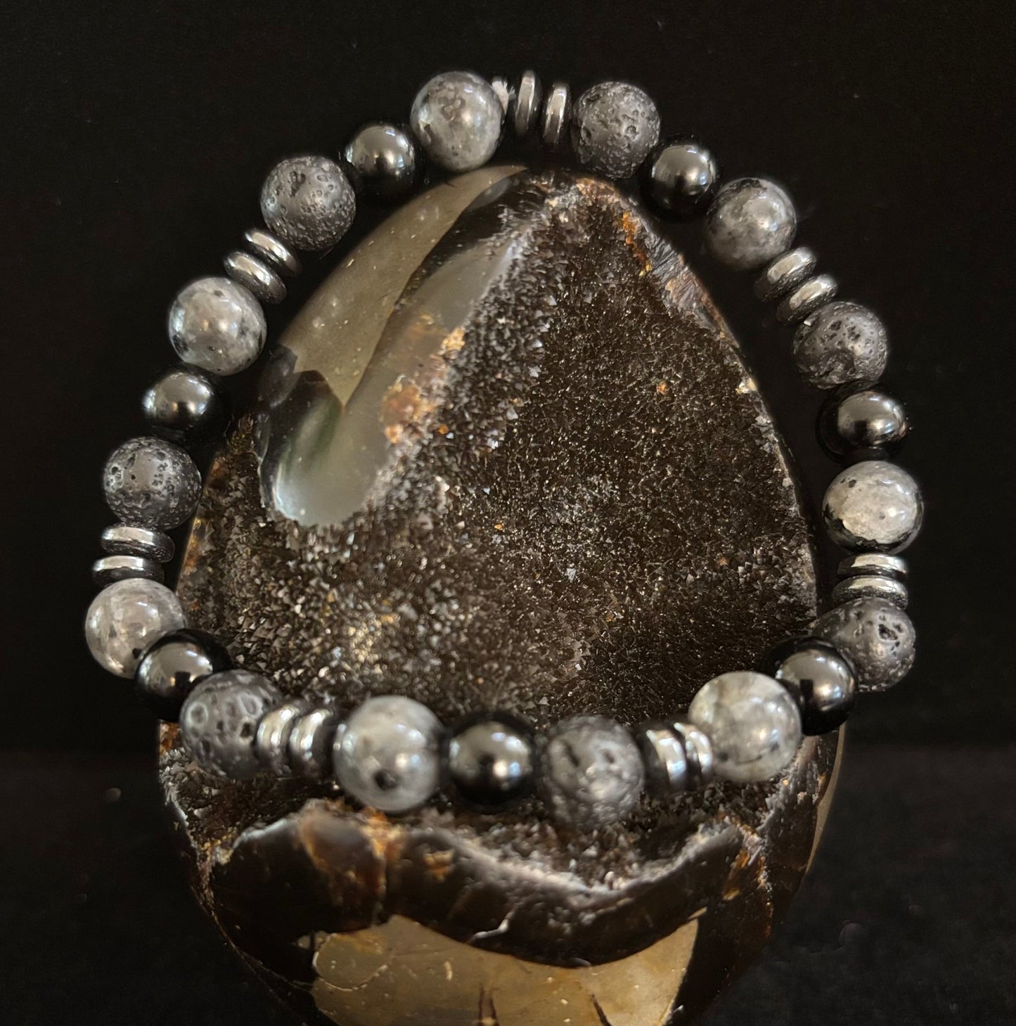 Mystic Warrior Bracelet – Labradorite, Black Onyx & Lava Rock with Black Metal Spacers (Fits Large Wrists)