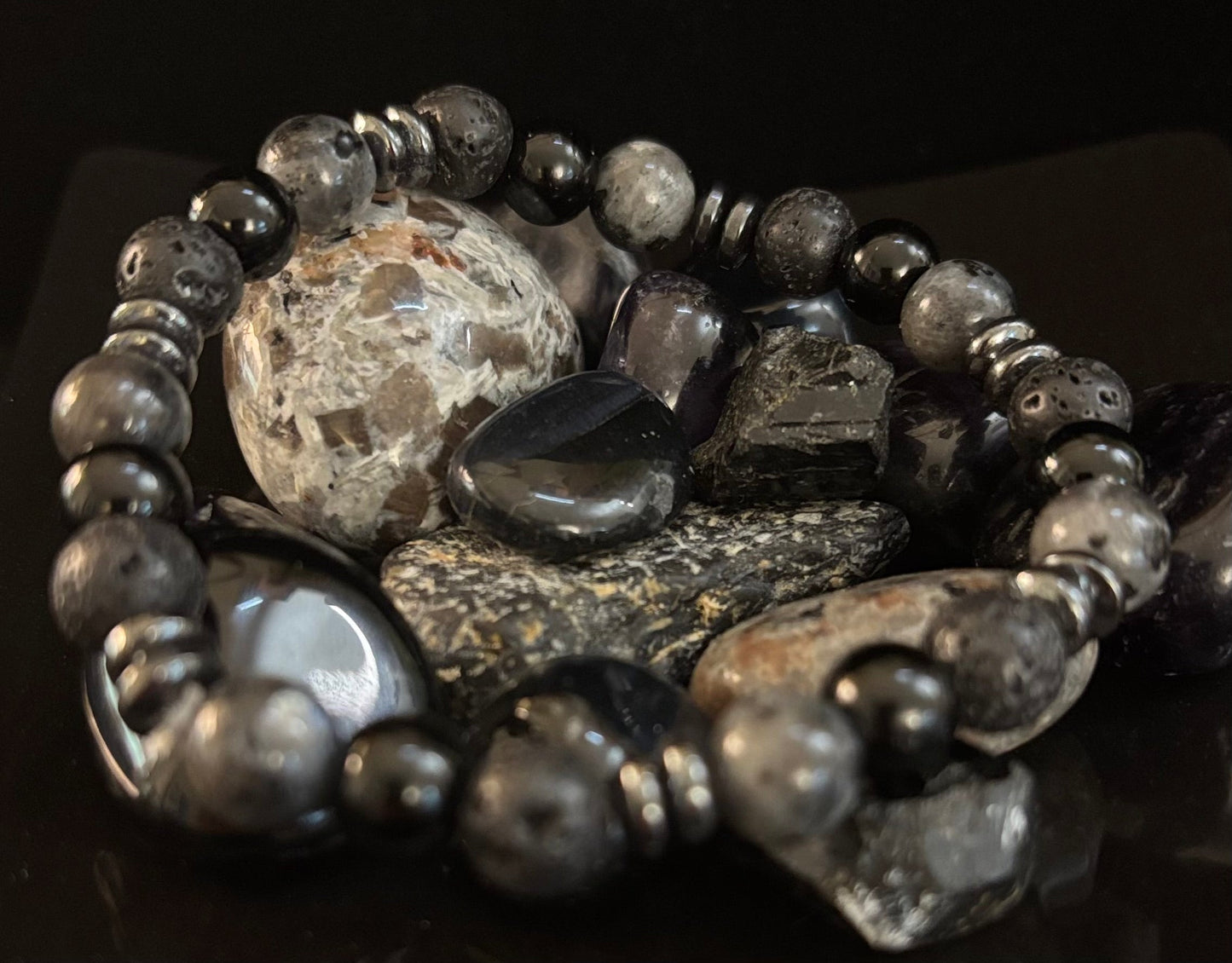 Mystic Warrior Bracelet – Labradorite, Black Onyx & Lava Rock with Black Metal Spacers (Fits Large Wrists)