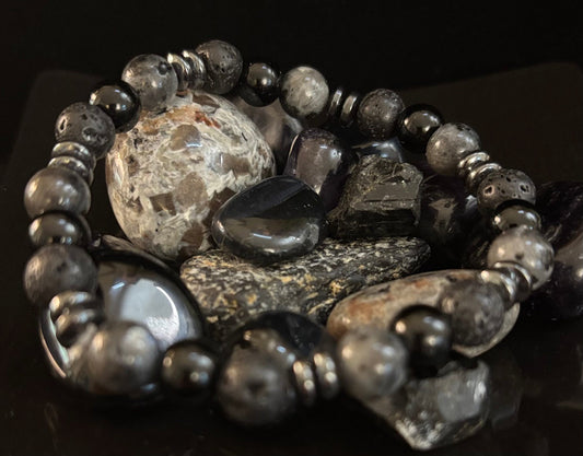 Mystic Warrior Bracelet – Labradorite, Black Onyx & Lava Rock with Black Metal Spacers (Fits Large Wrists)