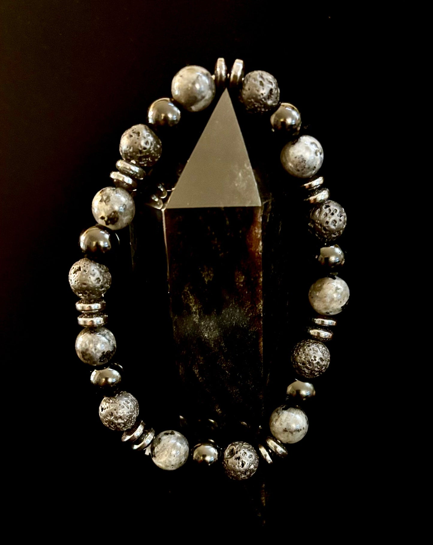 Mystic Warrior Bracelet – Labradorite, Black Onyx & Lava Rock with Black Metal Spacers (Fits Large Wrists)