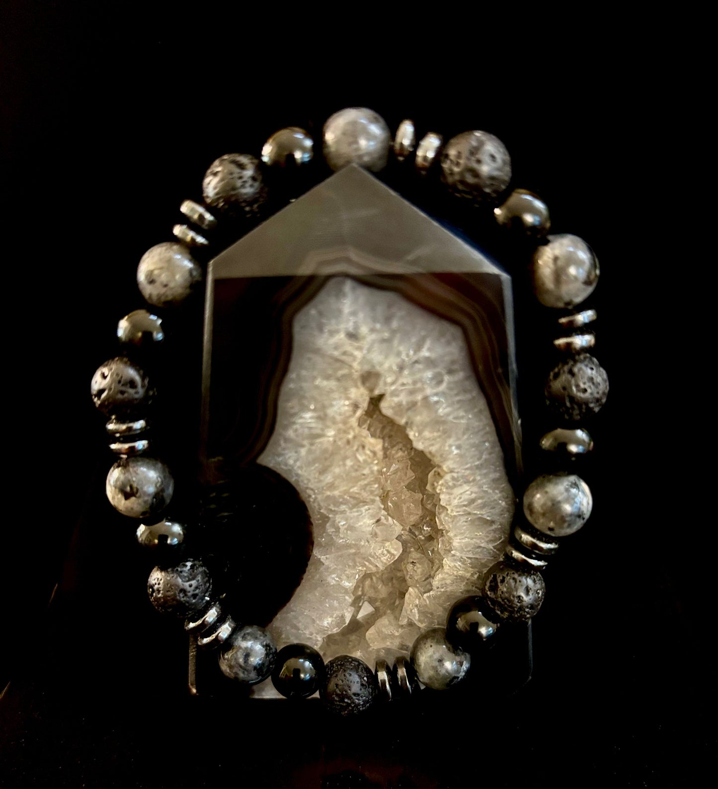 Mystic Warrior Bracelet – Labradorite, Black Onyx & Lava Rock with Black Metal Spacers (Fits Large Wrists)