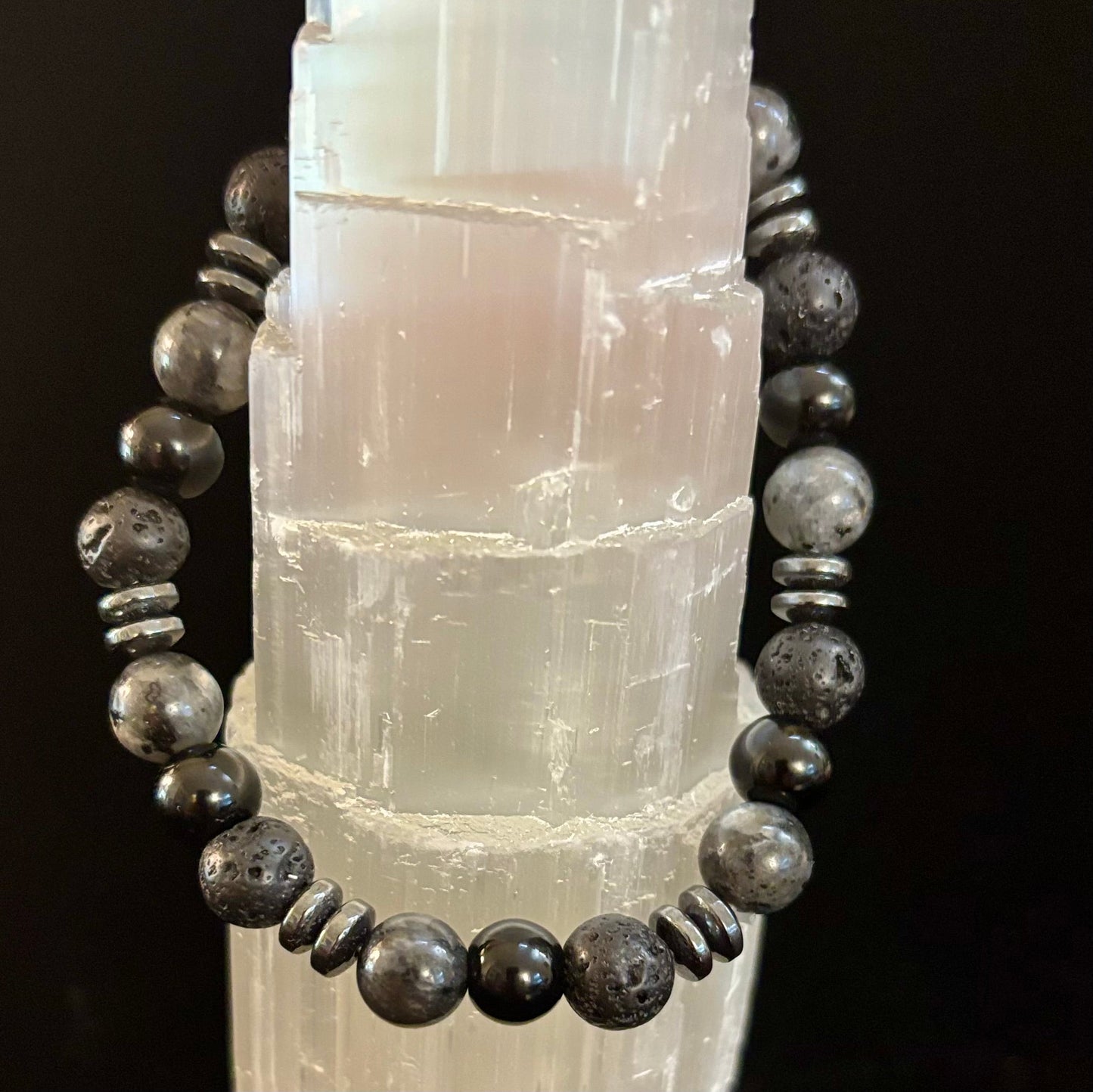 Mystic Warrior Bracelet – Labradorite, Black Onyx & Lava Rock with Black Metal Spacers (Fits Large Wrists)