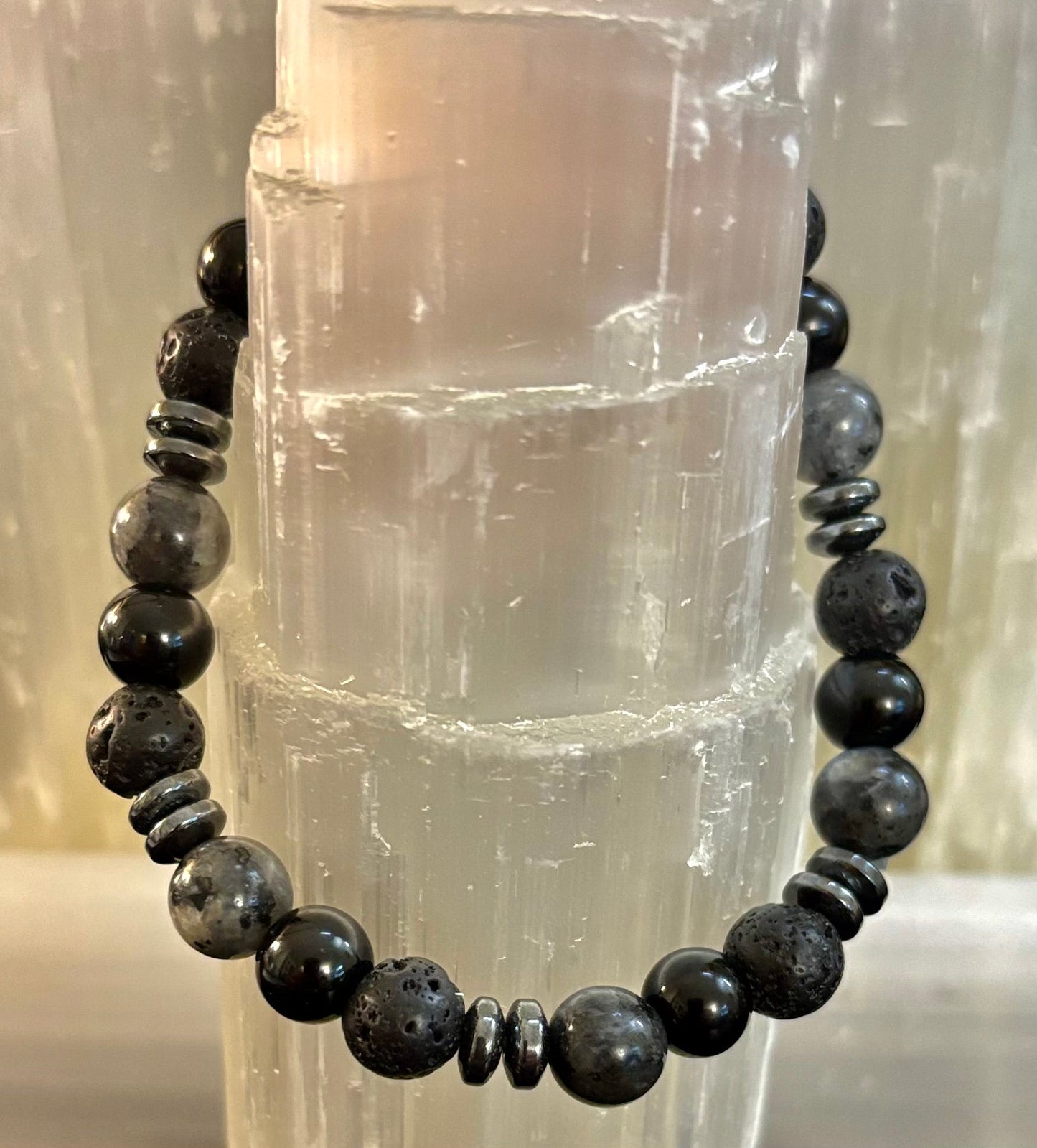 Mystic Warrior Bracelet – Labradorite, Black Onyx & Lava Rock with Black Metal Spacers (Fits Large Wrists)