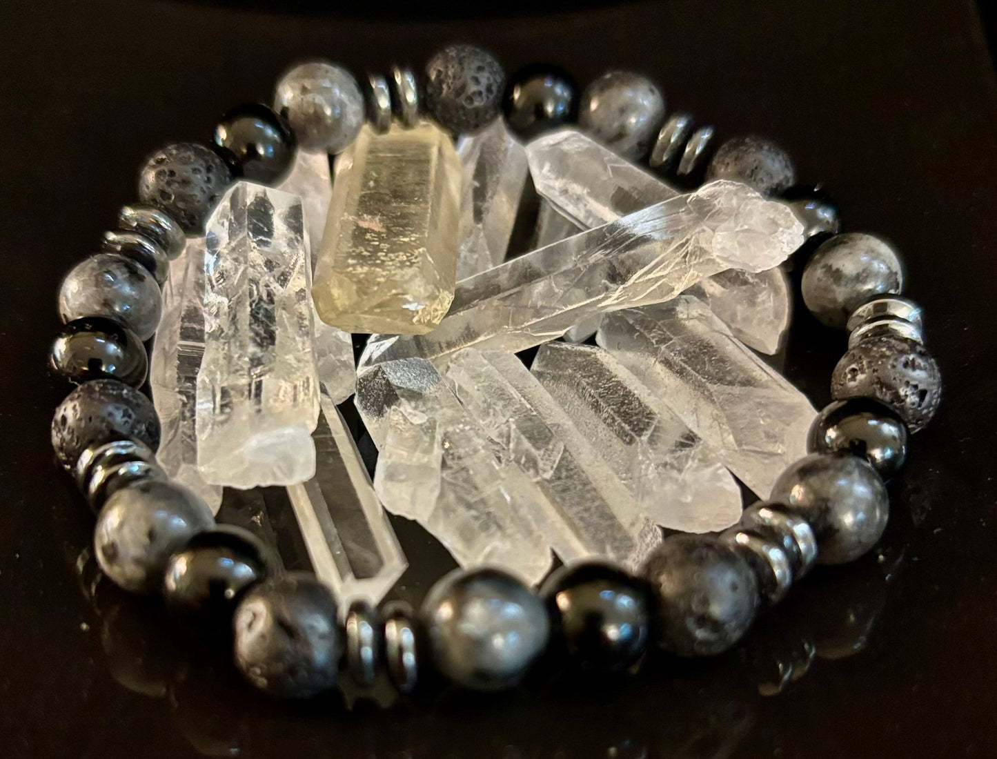 Mystic Warrior Bracelet – Labradorite, Black Onyx & Lava Rock with Black Metal Spacers (Fits Large Wrists)