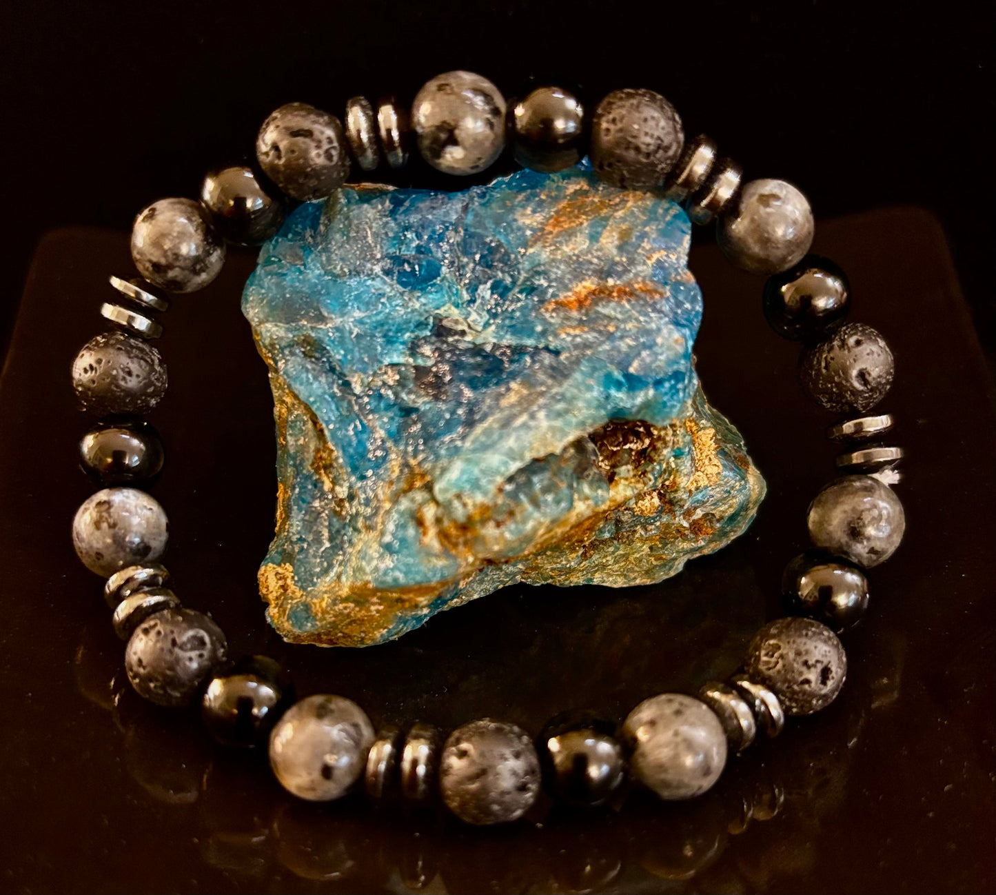 Mystic Warrior Bracelet – Labradorite, Black Onyx & Lava Rock with Black Metal Spacers (Fits Large Wrists)