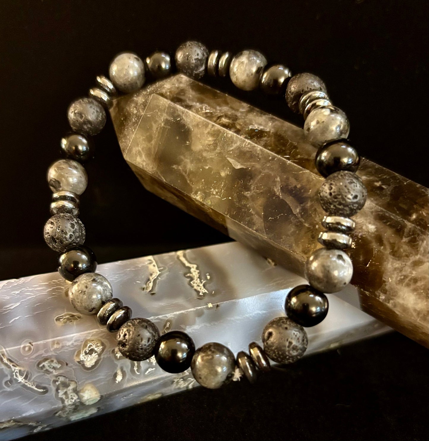 Mystic Warrior Bracelet – Labradorite, Black Onyx & Lava Rock with Black Metal Spacers (Fits Large Wrists)