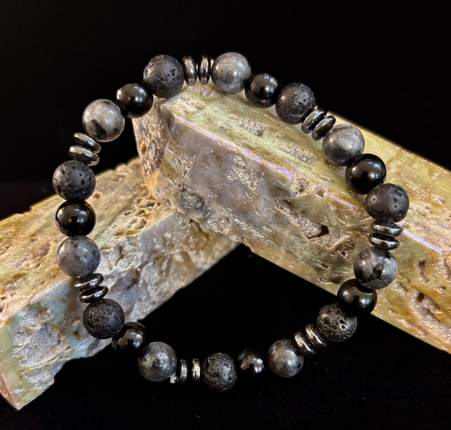 Mystic Warrior Bracelet – Labradorite, Black Onyx & Lava Rock with Black Metal Spacers (Fits Large Wrists)