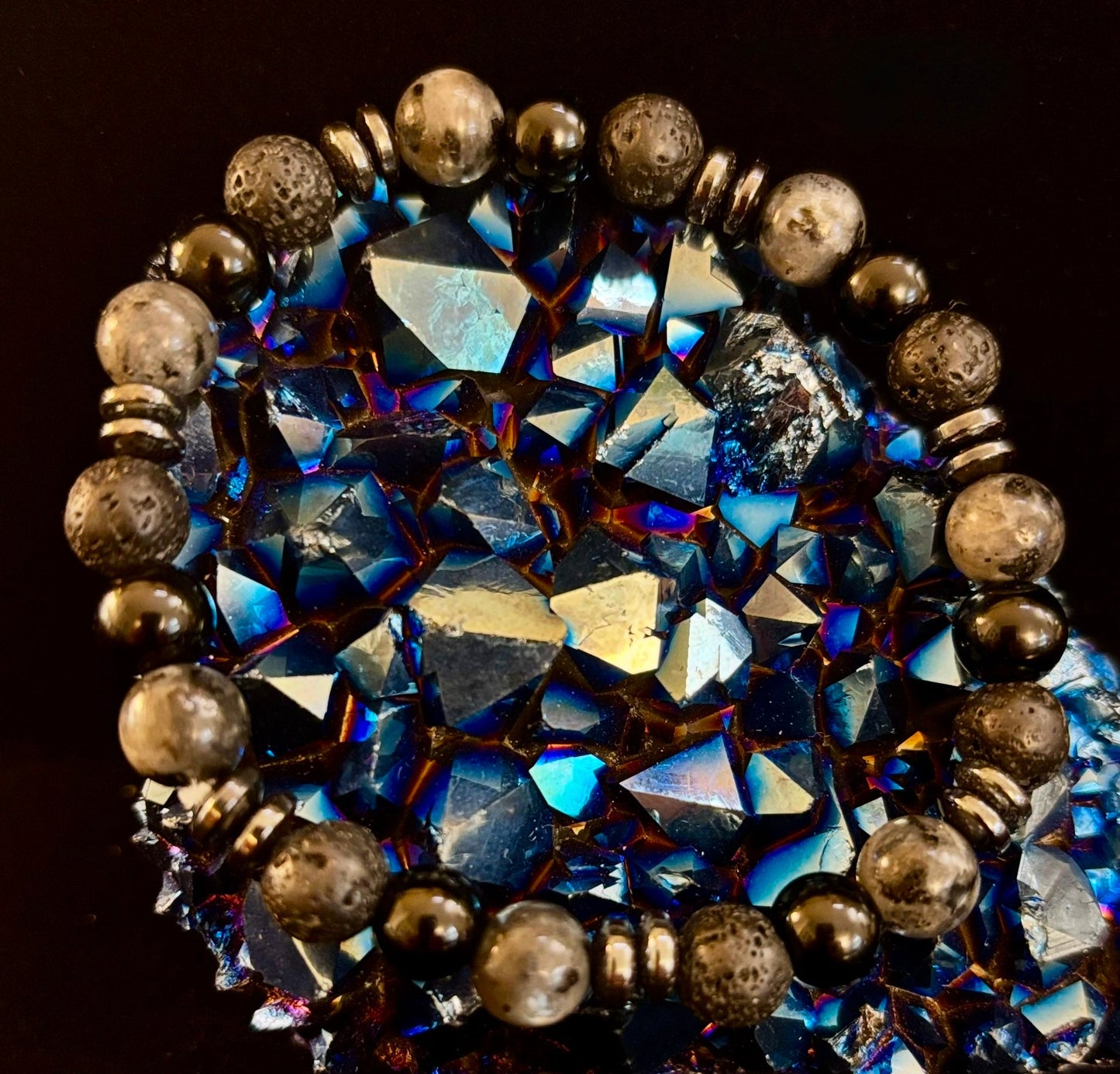 Mystic Warrior Bracelet – Labradorite, Black Onyx & Lava Rock with Black Metal Spacers (Fits Large Wrists)