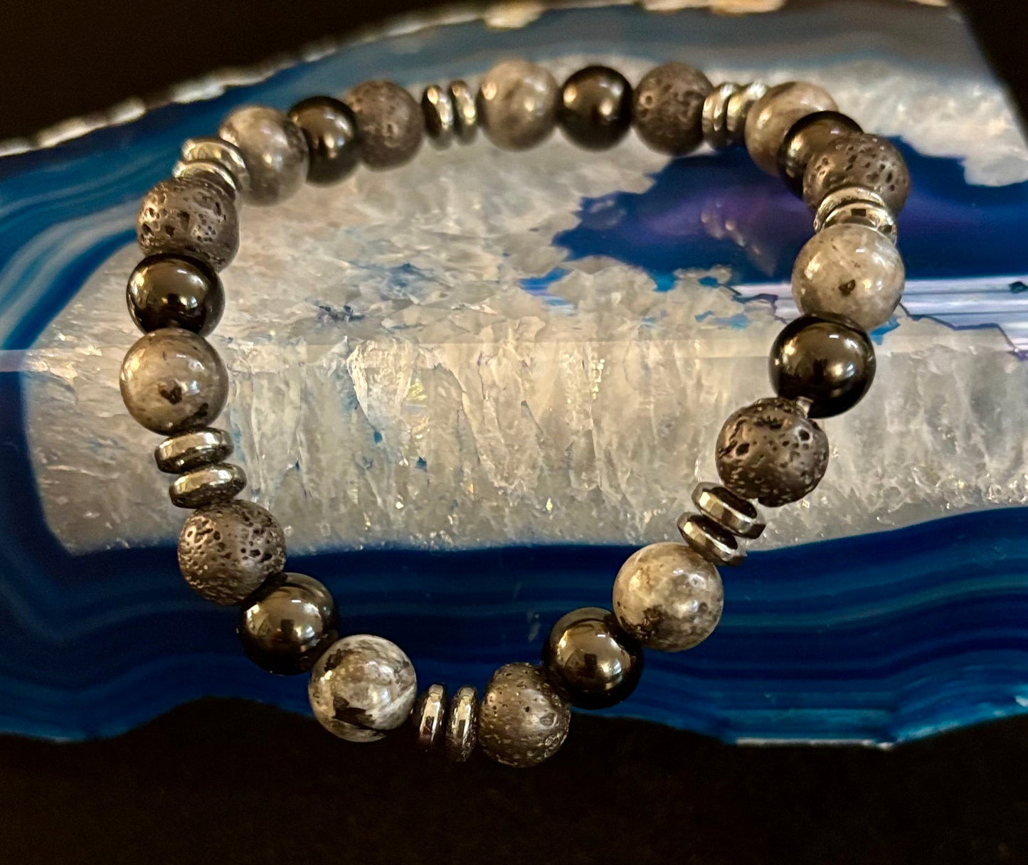 Mystic Warrior Bracelet – Labradorite, Black Onyx & Lava Rock with Black Metal Spacers (Fits Large Wrists)