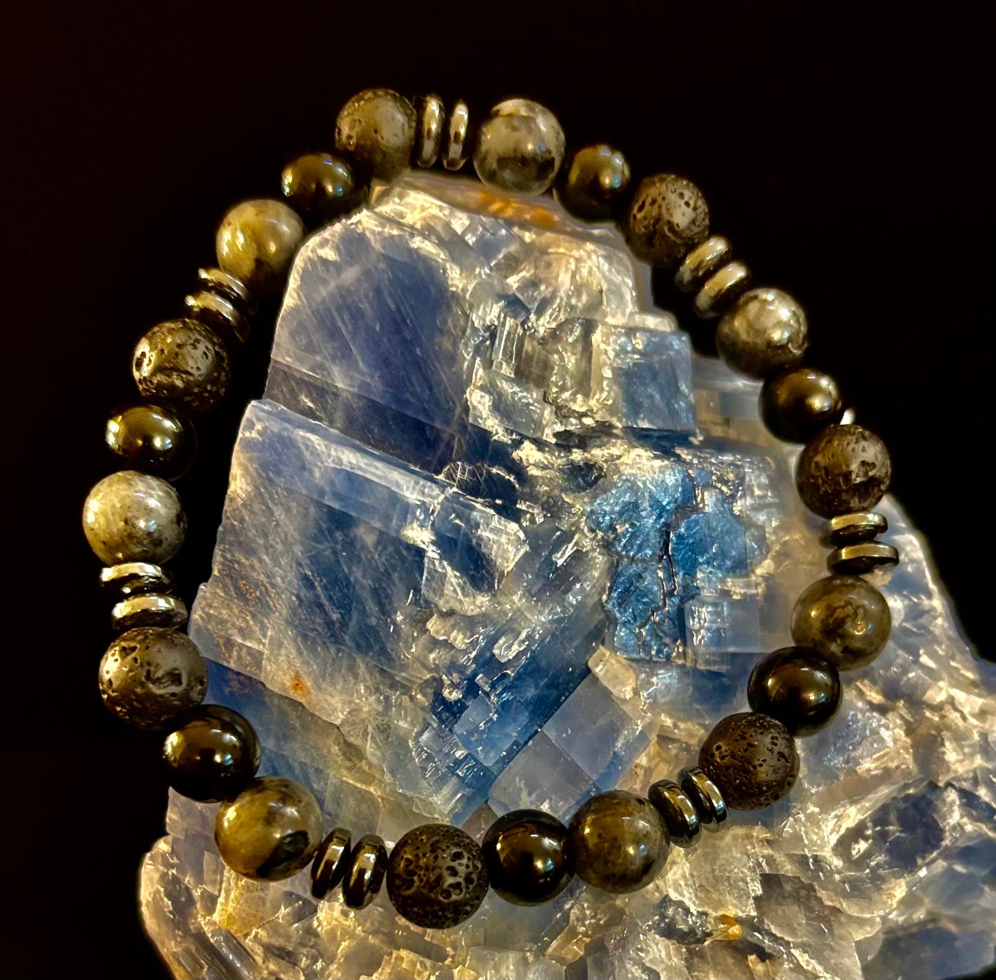 Mystic Warrior Bracelet – Labradorite, Black Onyx & Lava Rock with Black Metal Spacers (Fits Large Wrists)