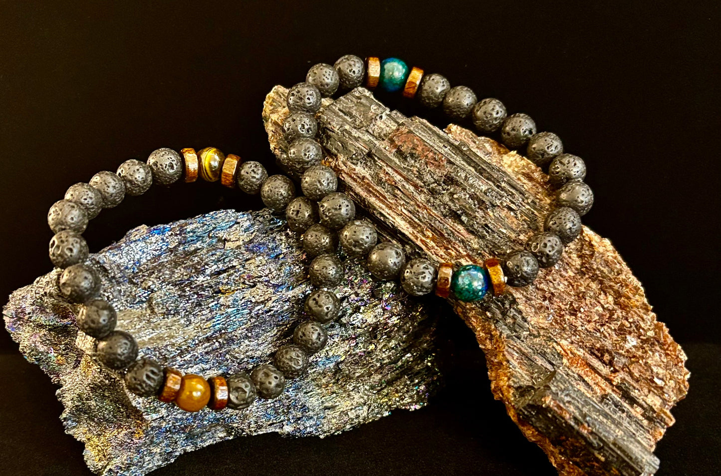 Volcanic Strength Bracelets – Lava Stone with Tiger Eye or Lapis Lazuli (Natural Energy Jewelry)