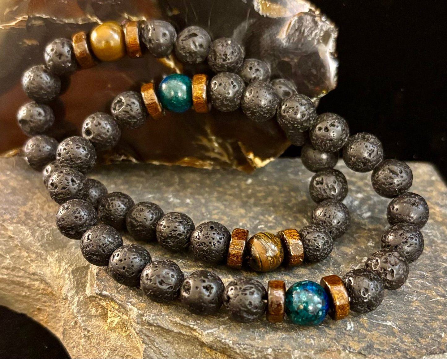 Volcanic Strength Bracelets – Lava Stone with Tiger Eye or Lapis Lazuli (Natural Energy Jewelry)