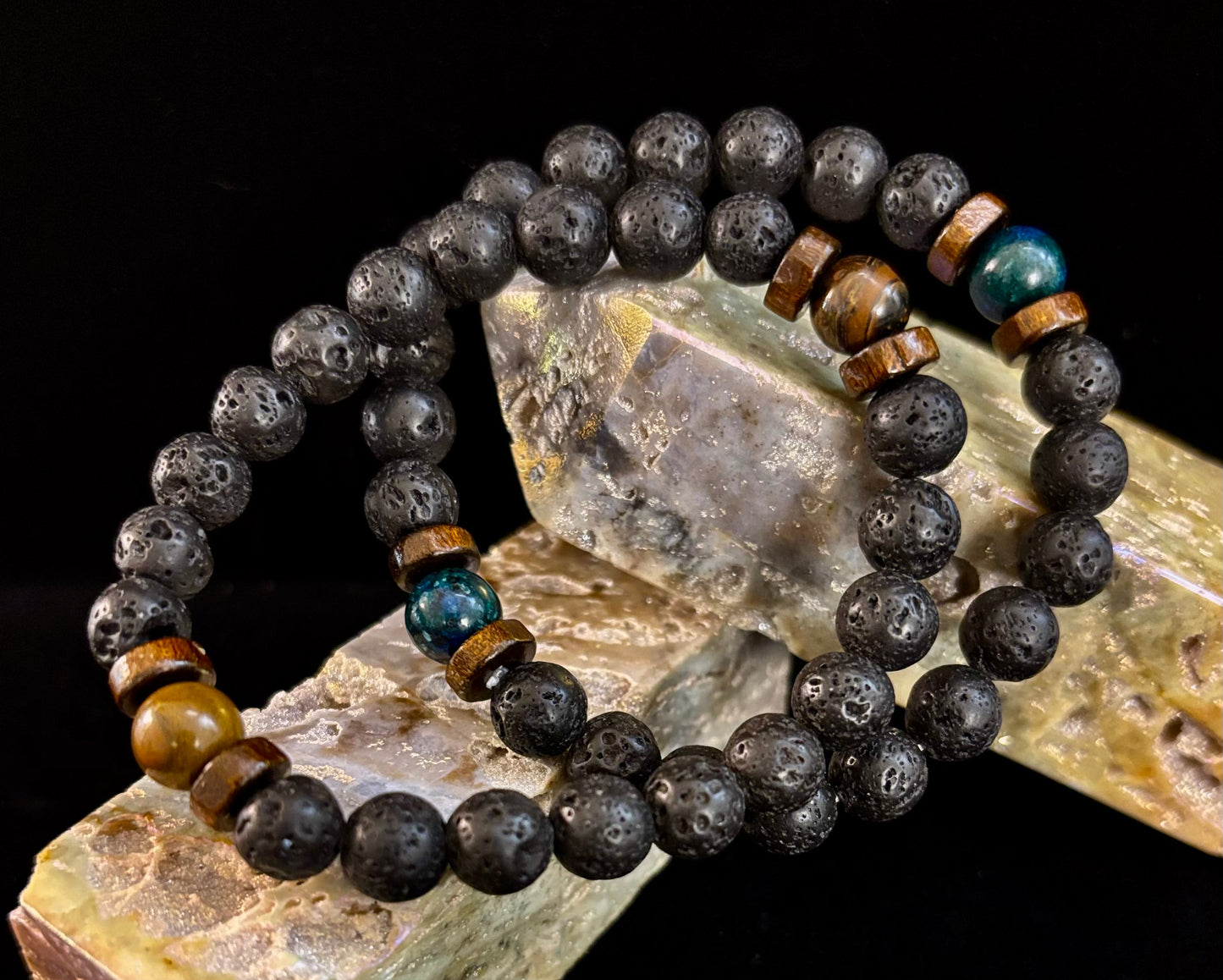 Volcanic Strength Bracelets – Lava Stone with Tiger Eye or Lapis Lazuli (Natural Energy Jewelry)