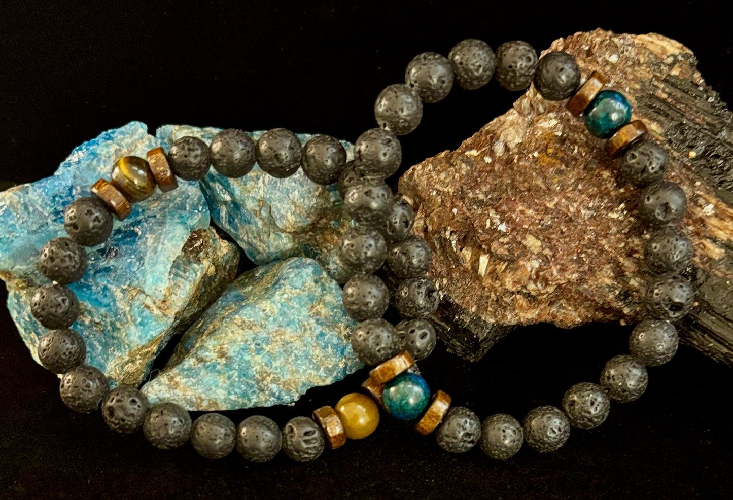 Volcanic Strength Bracelets – Lava Stone with Tiger Eye or Lapis Lazuli (Natural Energy Jewelry)