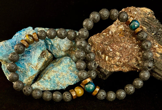 Volcanic Strength Bracelets – Lava Stone with Tiger Eye or Lapis Lazuli (Natural Energy Jewelry)
