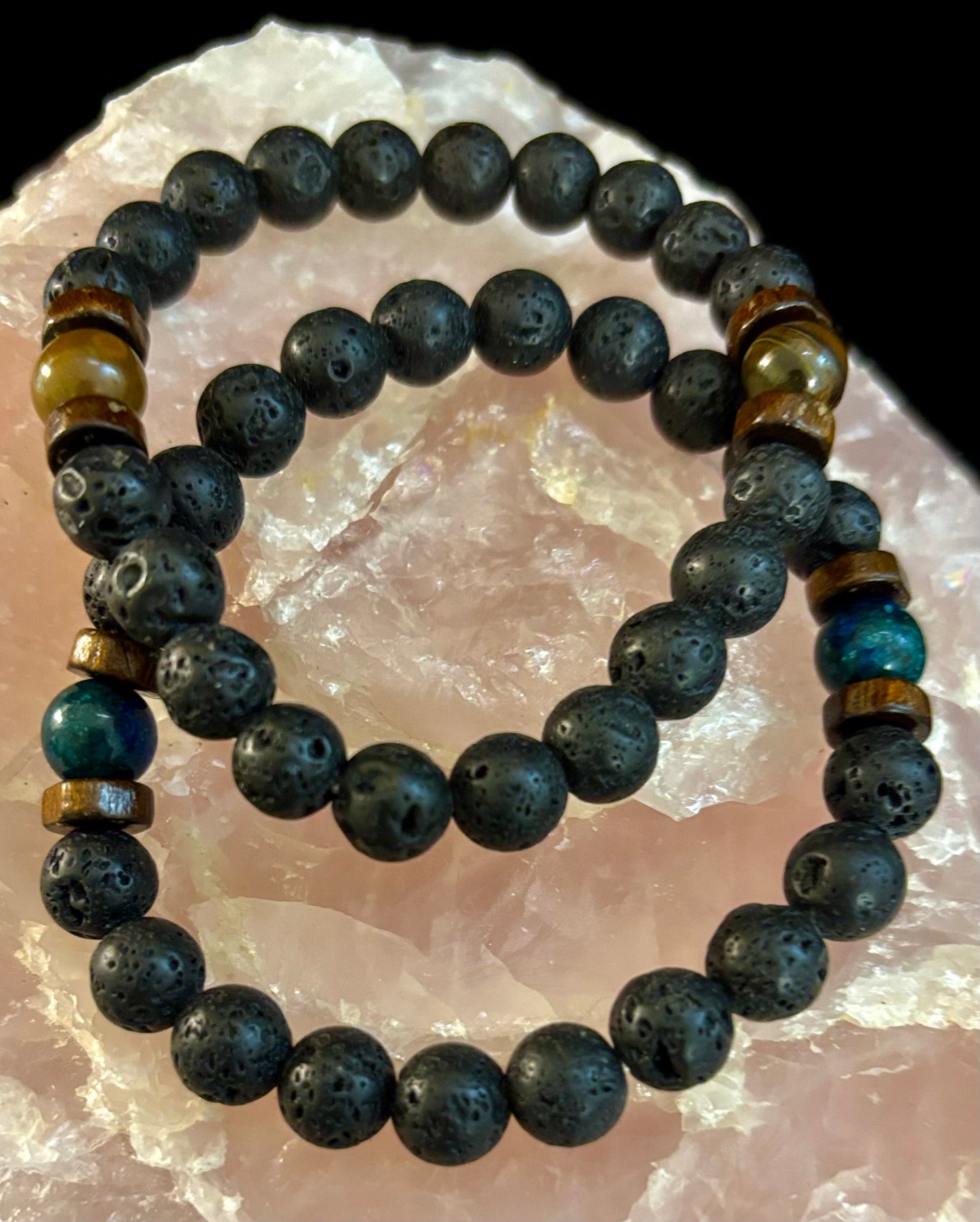 Volcanic Strength Bracelets – Lava Stone with Tiger Eye or Lapis Lazuli (Natural Energy Jewelry)
