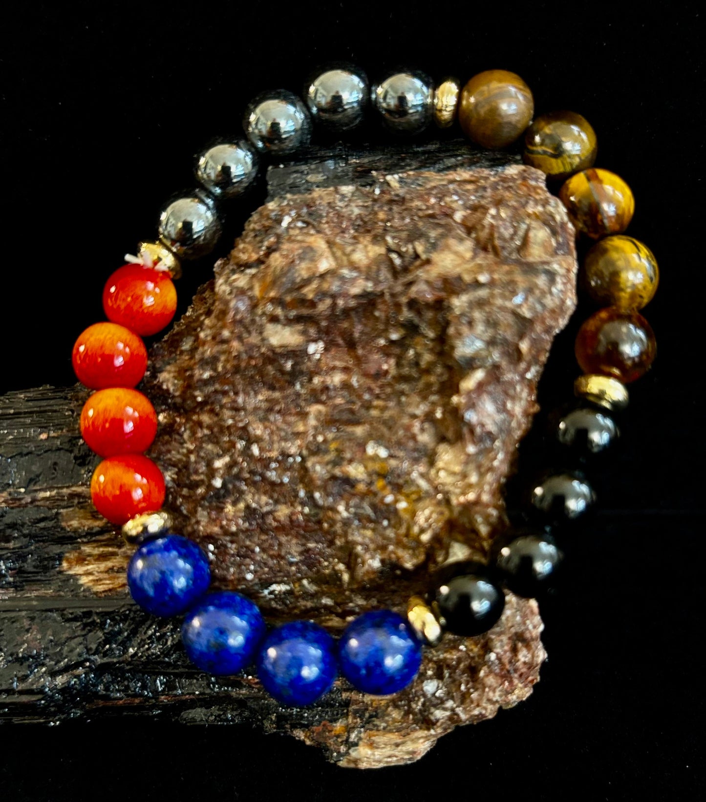 Attract Wealth & Radiate Confidence – Tiger Eye, Lapis & Wood Gemstone Bracelet (Small to Medium Wrists)