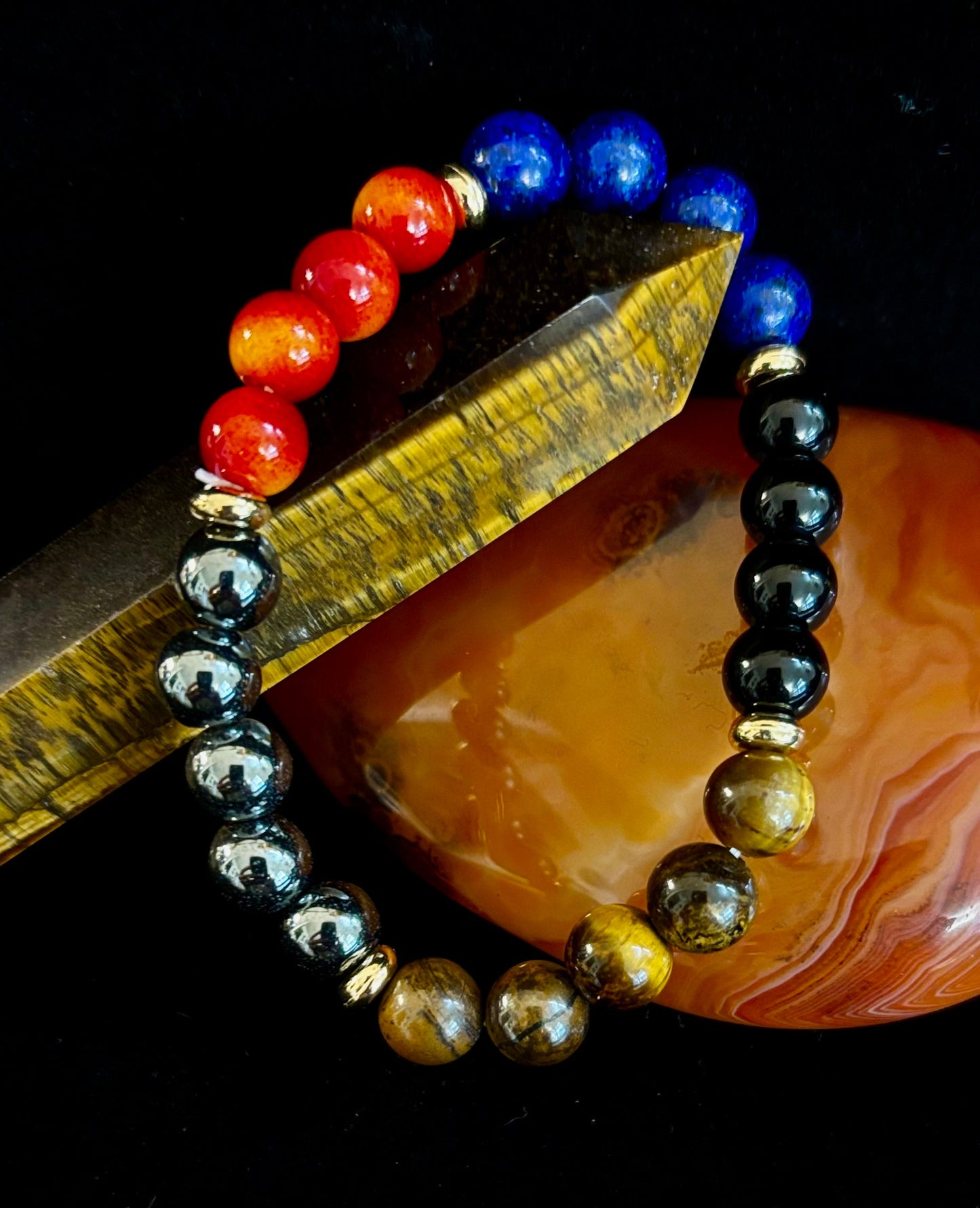 Attract Wealth & Radiate Confidence – Tiger Eye, Lapis & Wood Gemstone Bracelet (Small to Medium Wrists)