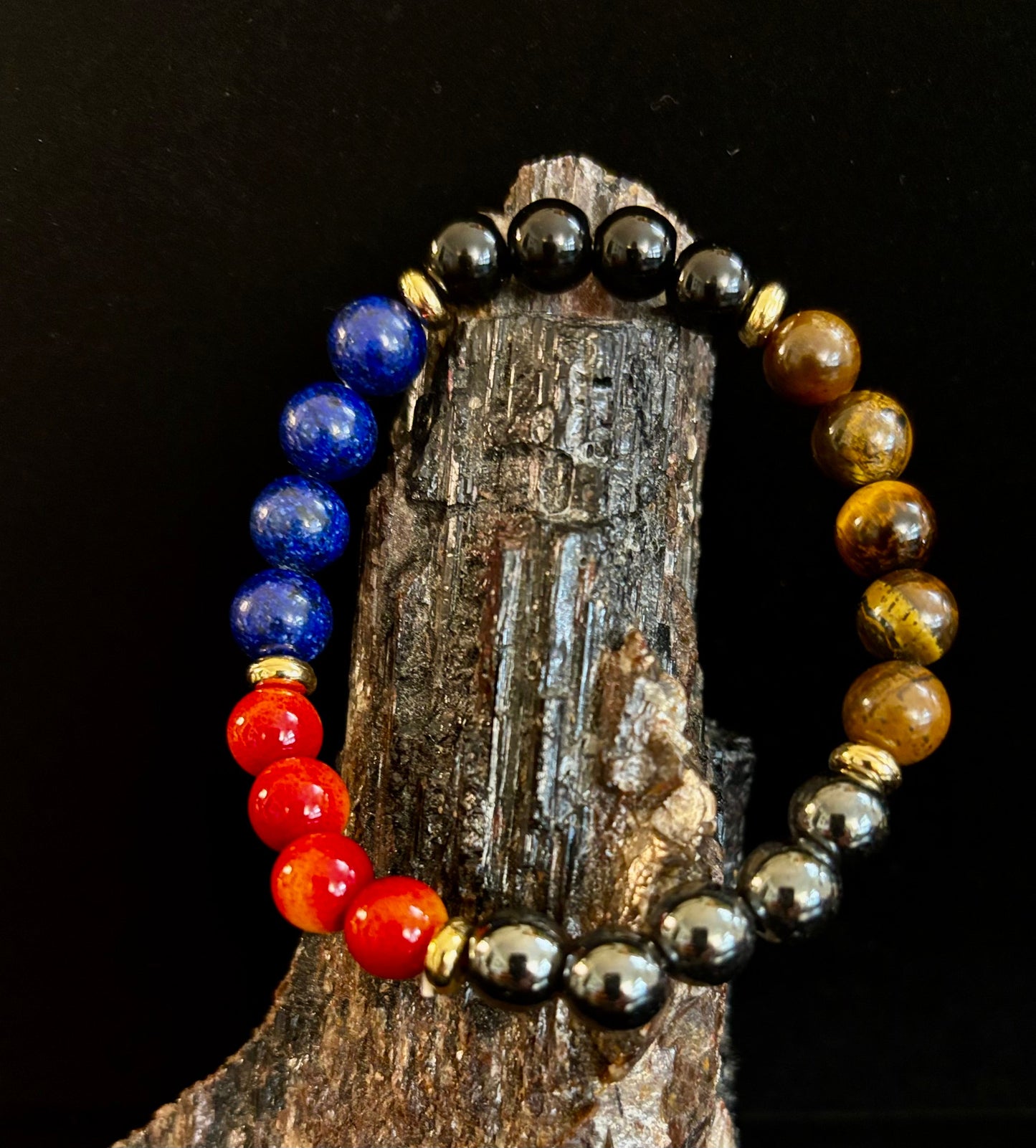 Attract Wealth & Radiate Confidence – Tiger Eye, Lapis & Wood Gemstone Bracelet (Small to Medium Wrists)