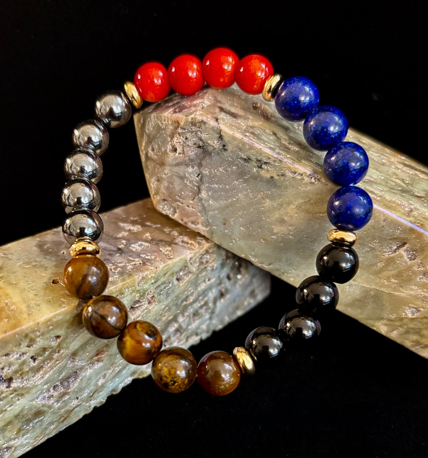 Attract Wealth & Radiate Confidence – Tiger Eye, Lapis & Wood Gemstone Bracelet (Small to Medium Wrists)