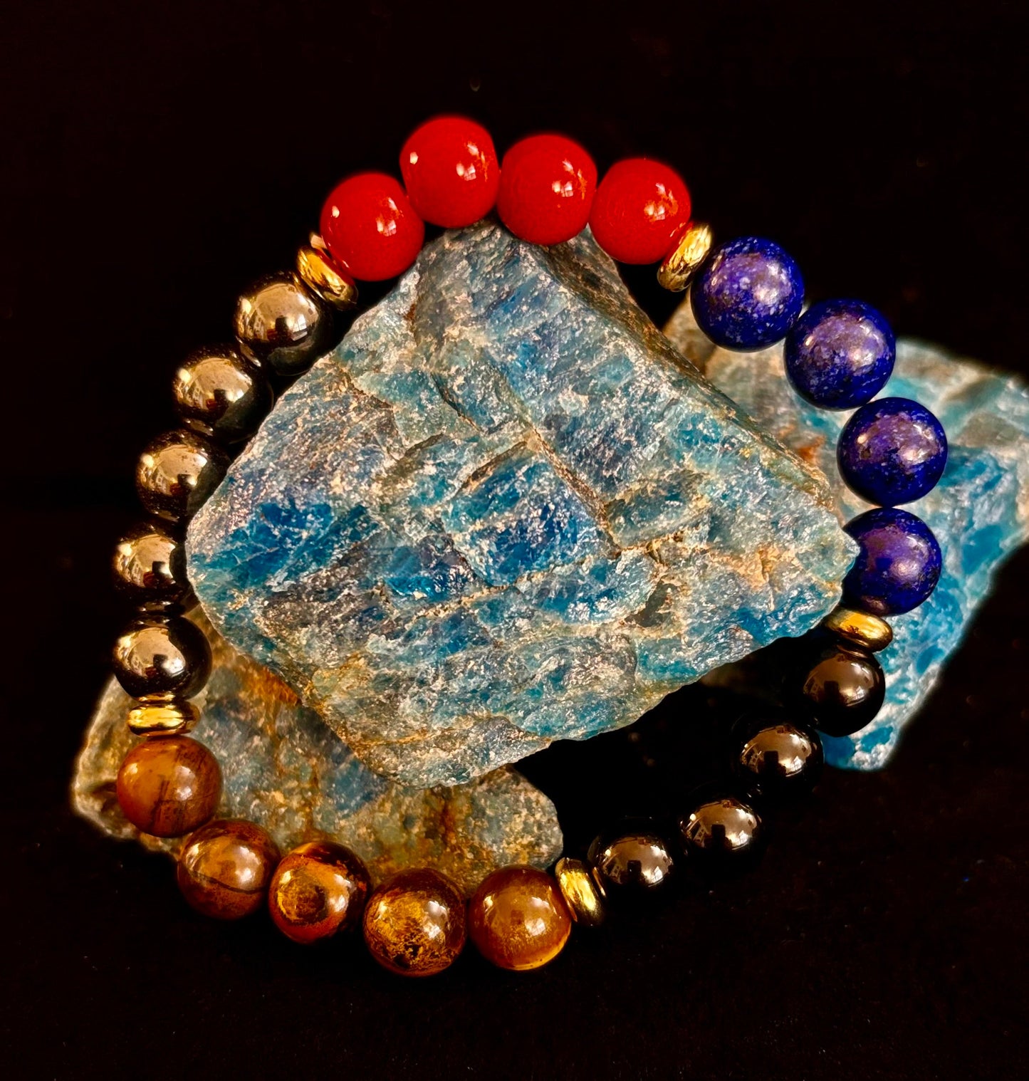 Attract Wealth & Radiate Confidence – Tiger Eye, Lapis & Wood Gemstone Bracelet (Small to Medium Wrists)