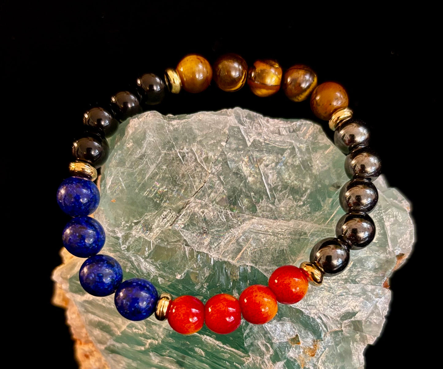 Attract Wealth & Radiate Confidence – Tiger Eye, Lapis & Wood Gemstone Bracelet (Small to Medium Wrists)