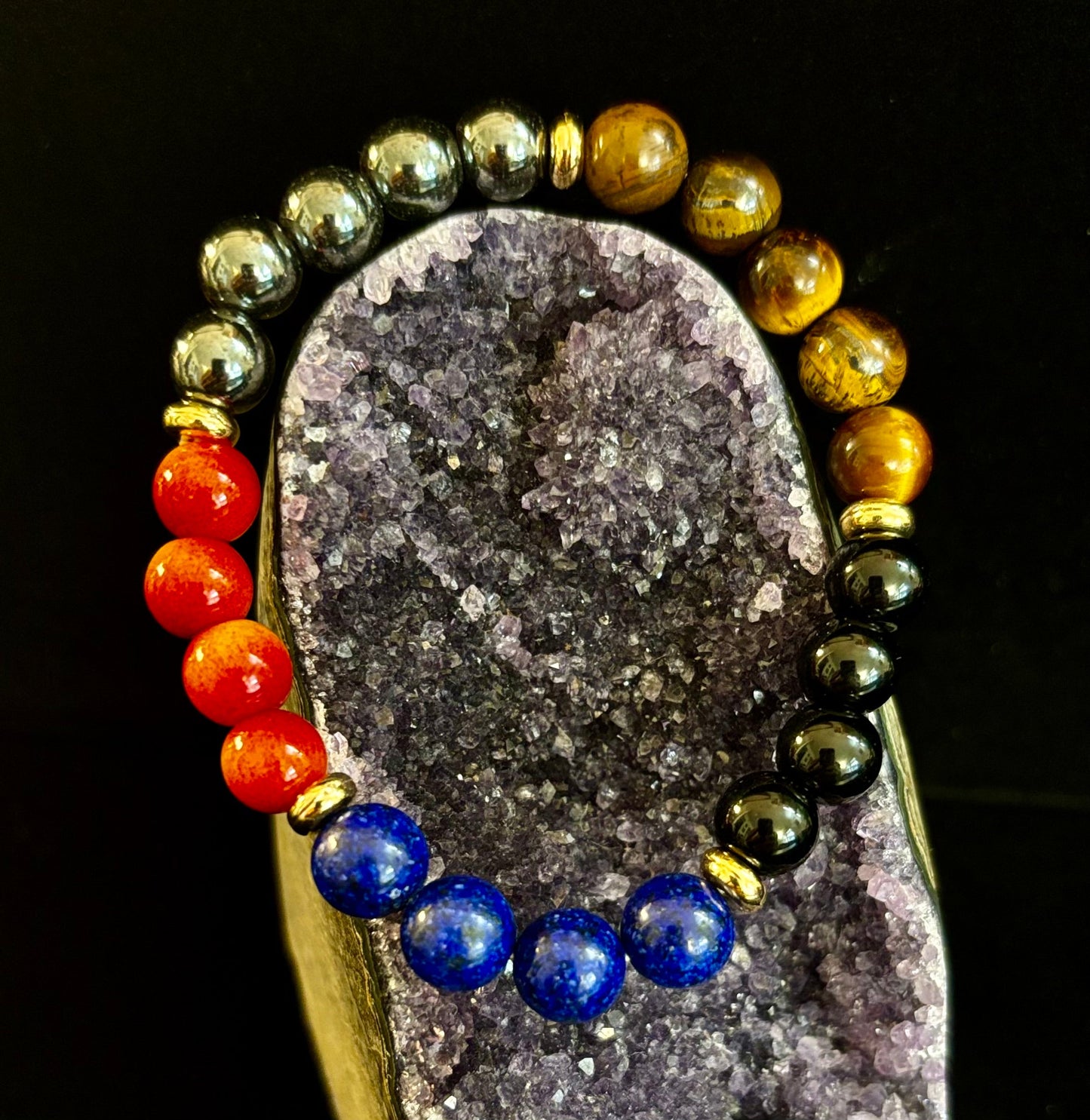 Attract Wealth & Radiate Confidence – Tiger Eye, Lapis & Wood Gemstone Bracelet (Small to Medium Wrists)
