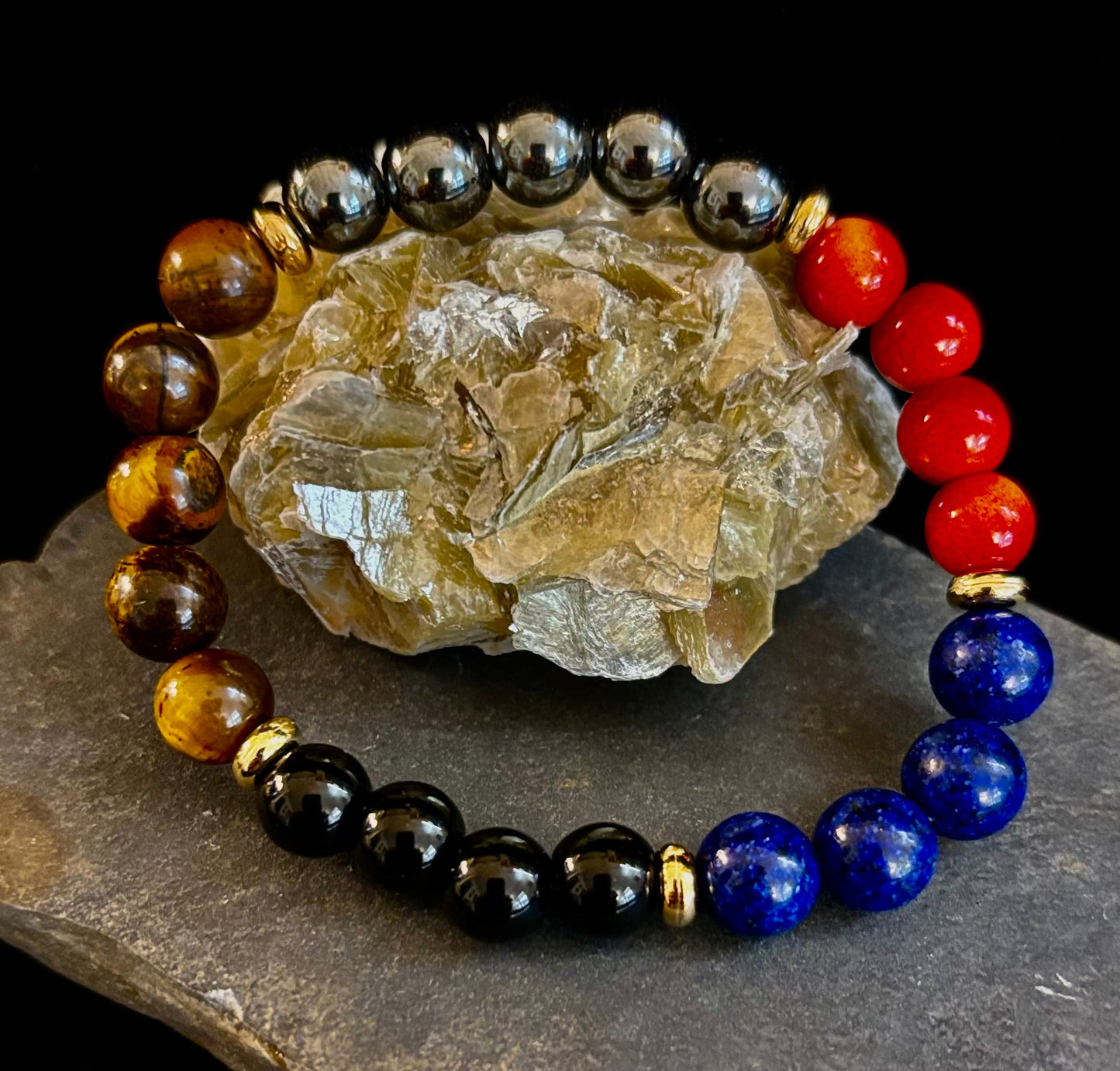 Attract Wealth & Radiate Confidence – Tiger Eye, Lapis & Wood Gemstone Bracelet (Small to Medium Wrists)