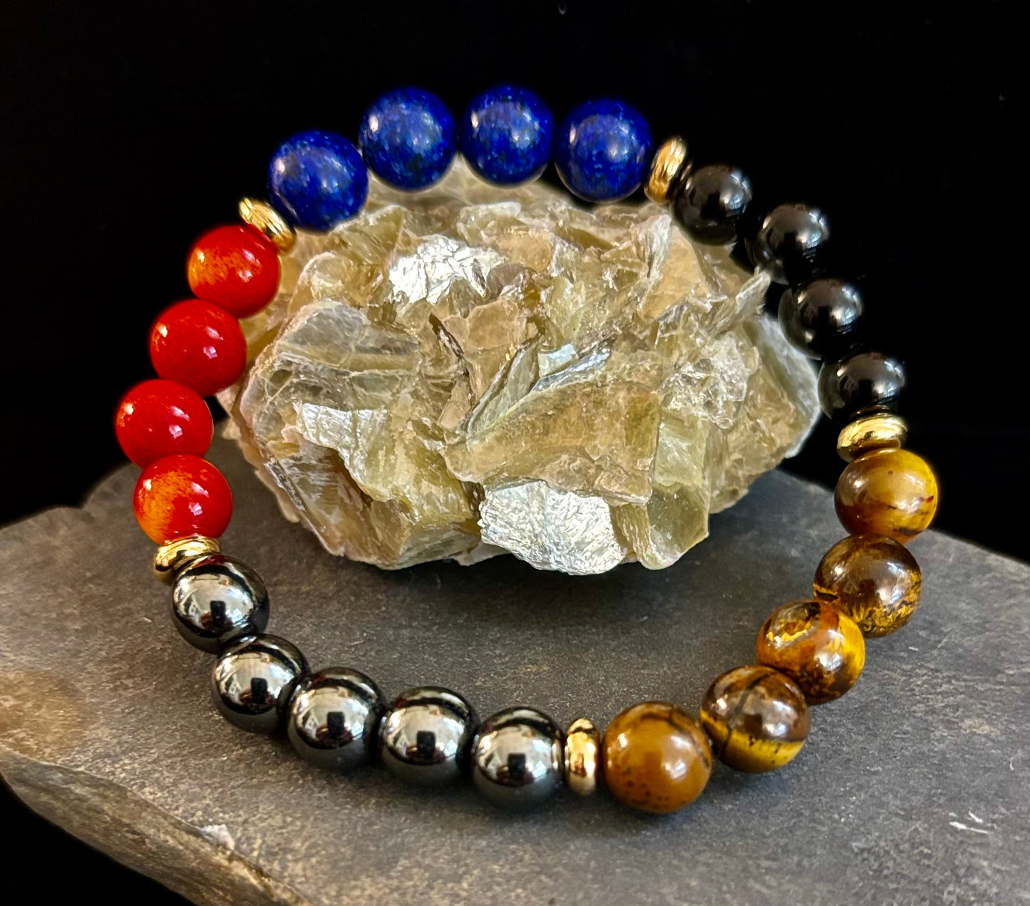 Attract Wealth & Radiate Confidence – Tiger Eye, Lapis & Wood Gemstone Bracelet (Small to Medium Wrists)