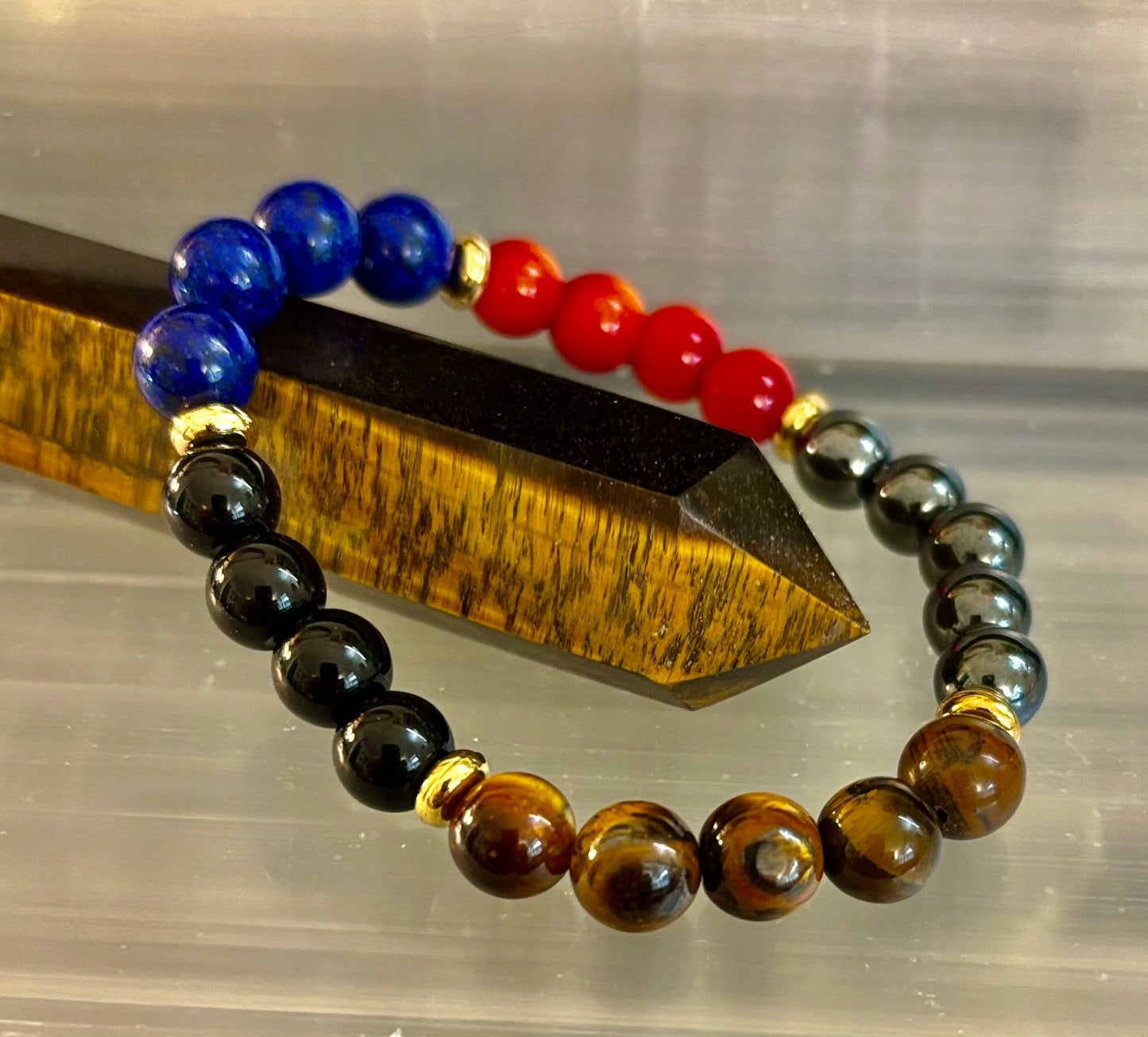 Attract Wealth & Radiate Confidence – Tiger Eye, Lapis & Wood Gemstone Bracelet (Small to Medium Wrists)