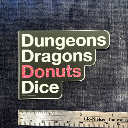 Dungeons, Dragons, Donuts, Dice Vinyl Sticker – Four Essentials, One Bold Design